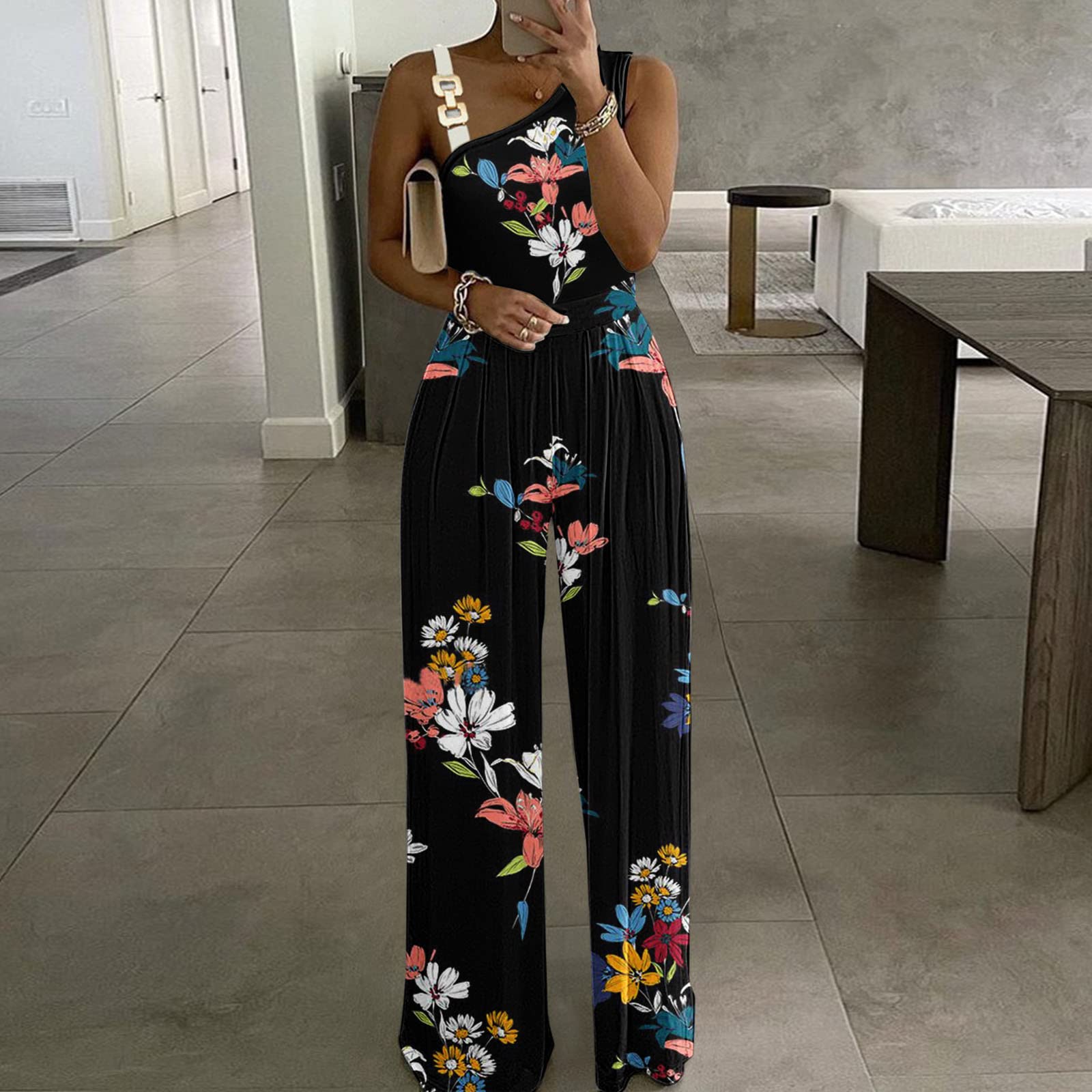 Women's Floral Print Ring Linked Asymmetrical Neck Plicated Jumpsuit, Boho Casual High Waist Wide Leg Jumpsuit for Summer, Summer Clothes 