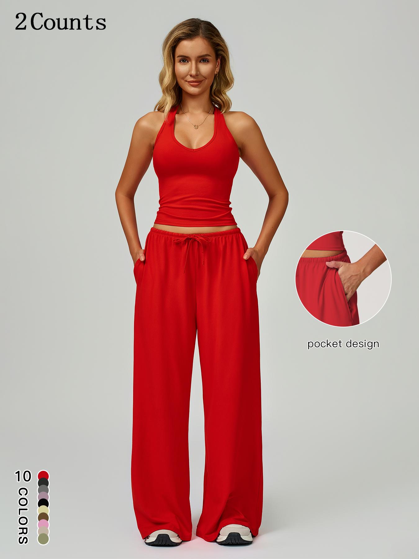 Women's Solid Crop Tank Top & Wide Leg Pants Set, Casual V Neck Sleeveless Top & Trousers for Daily Outdoor Wear, Ladies Sportswear for Summer Sports, Yoga and Airport Outfits, Gym Outfit