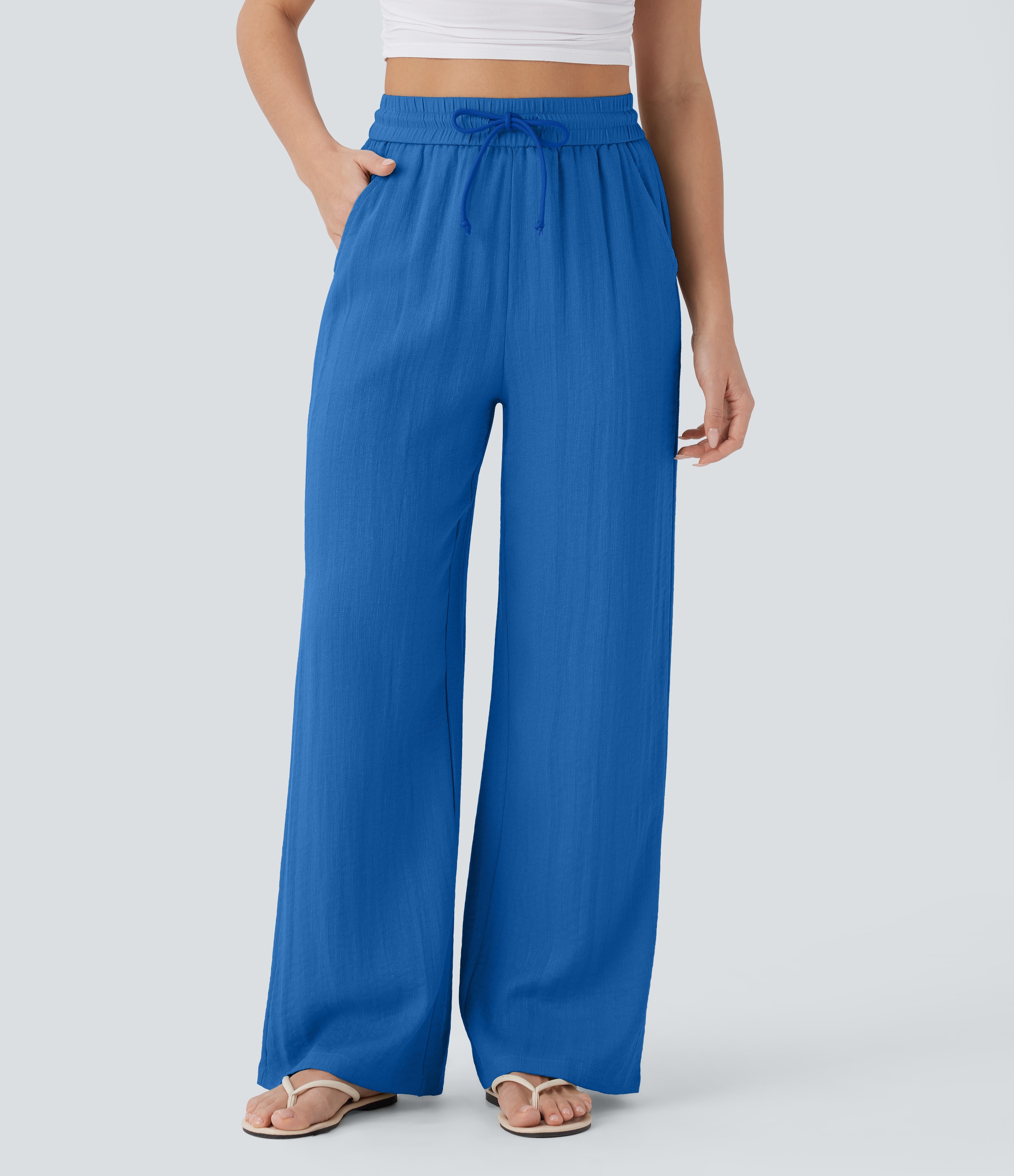 2026🔥 Hala High Waisted Drawstring Pocket Wide Leg Casual Linen-Feel Pants