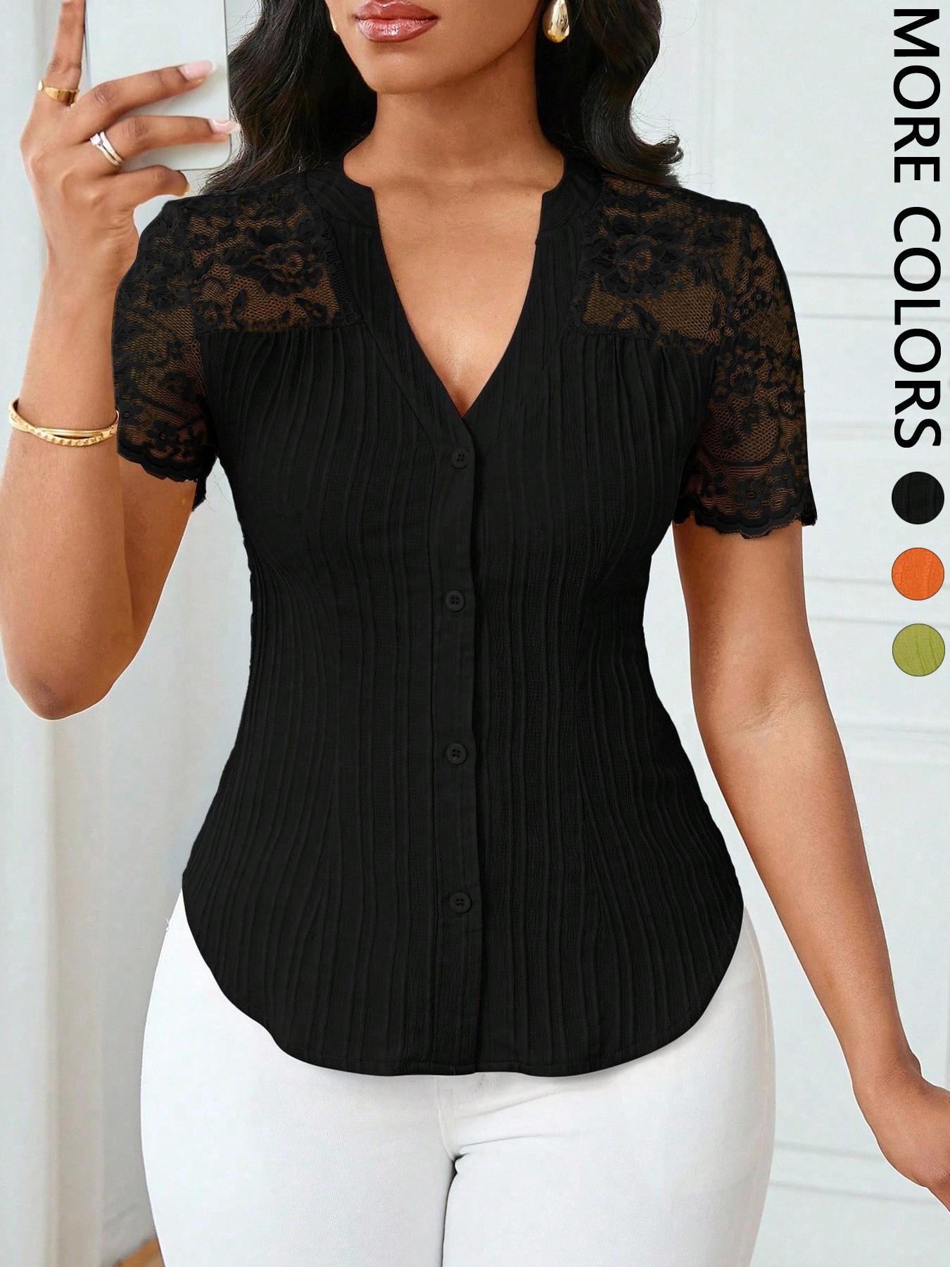 Women's Solid Color Simple Basic Commuter Casual Fitted Shirt Summer Style, Ladies Plain Design Office Wear, Comfortable and Stylish Blouse Tops