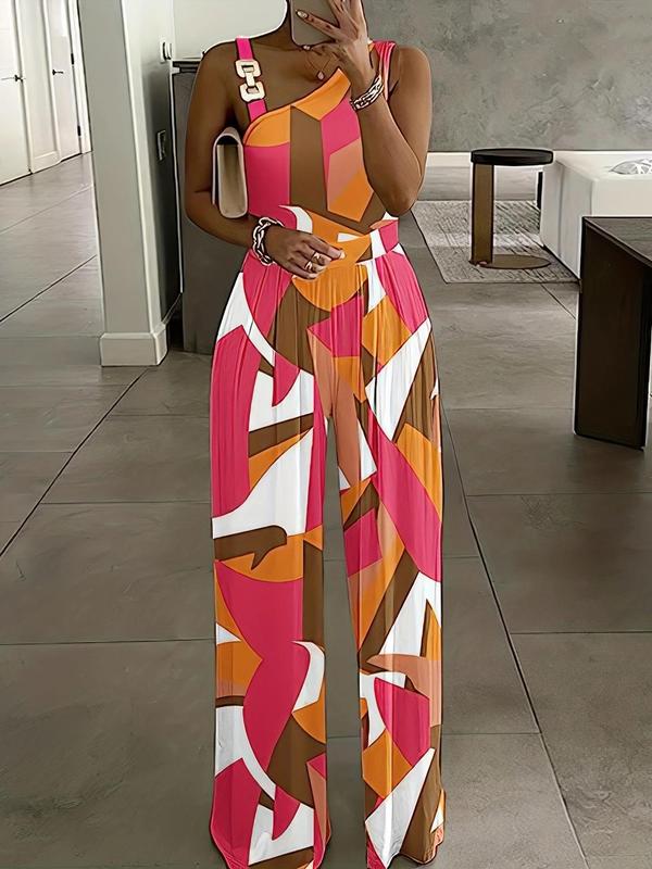 Women's Floral Print Ring Linked Asymmetrical Neck Plicated Jumpsuit, Boho Casual High Waist Wide Leg Jumpsuit for Summer, Summer Clothes 
