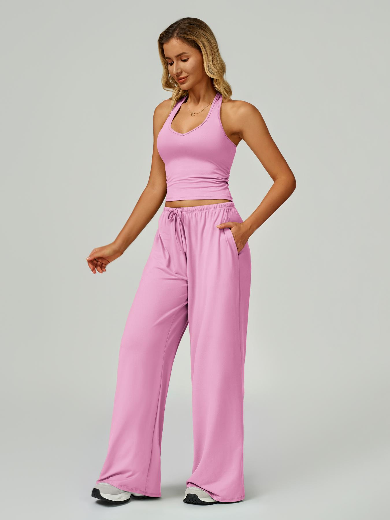 Women's Solid Crop Tank Top & Wide Leg Pants Set, Casual V Neck Sleeveless Top & Trousers for Daily Outdoor Wear, Ladies Sportswear for Summer Sports, Yoga and Airport Outfits, Gym Outfit