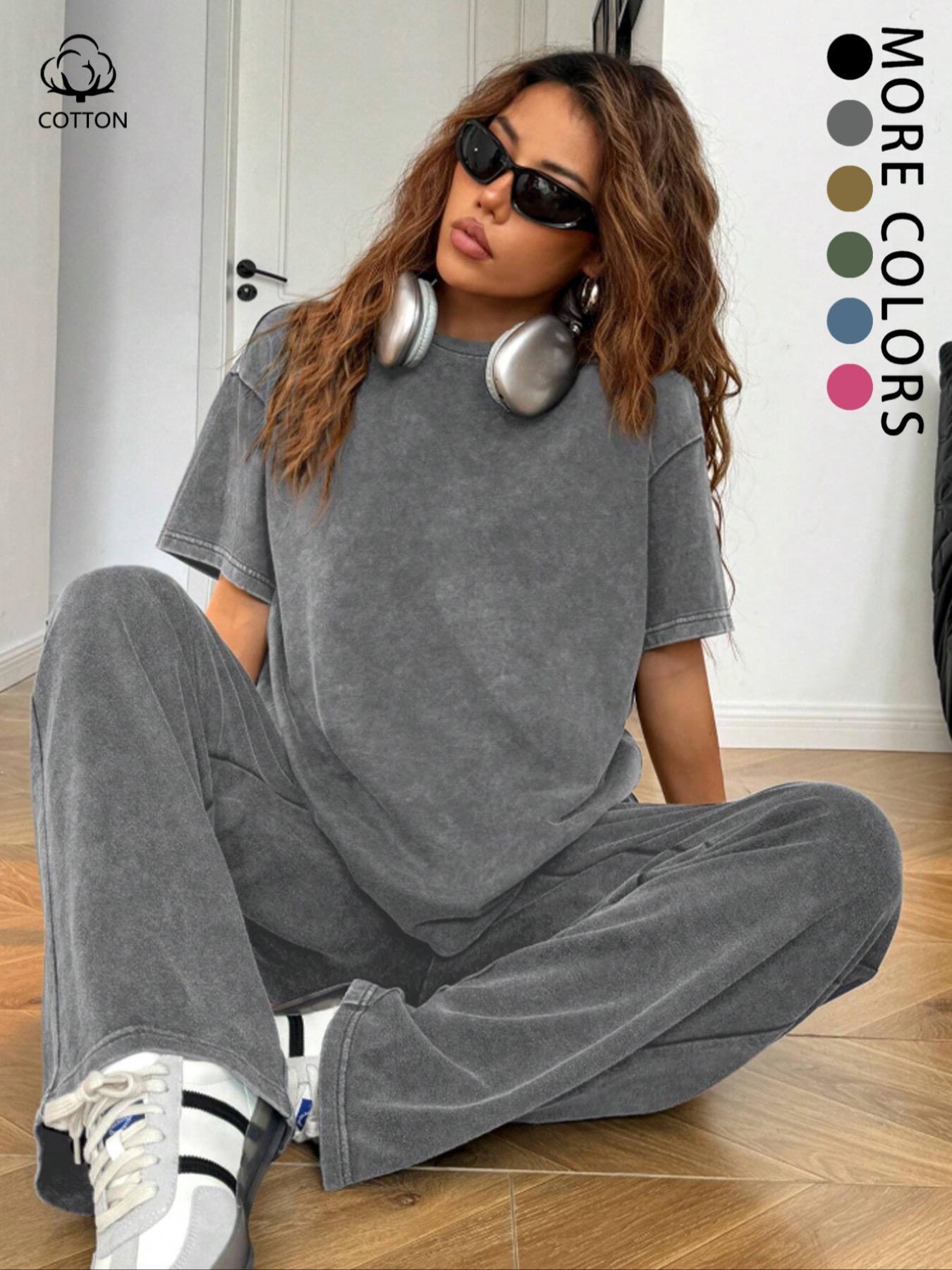 Women's Casual Loose Fit Acid Washed Cotton Short Sleeve T-Shirt and Long Pants Two-Piece Set, All Seasons, Plain Style
