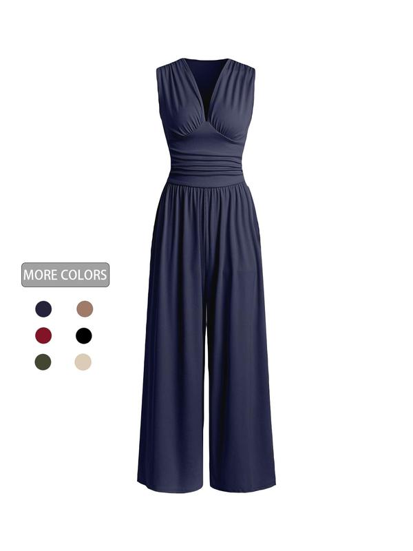 2026 Women's new jumpsuit with pockets Plain Ruched V Neck Ribbed Tank Jumpsuit, Summer Outfits 2025, Elegant Sleeveless Wide Leg Jumpsuit for Women for Vacation Holiday Party, Ladies Summer Clothes