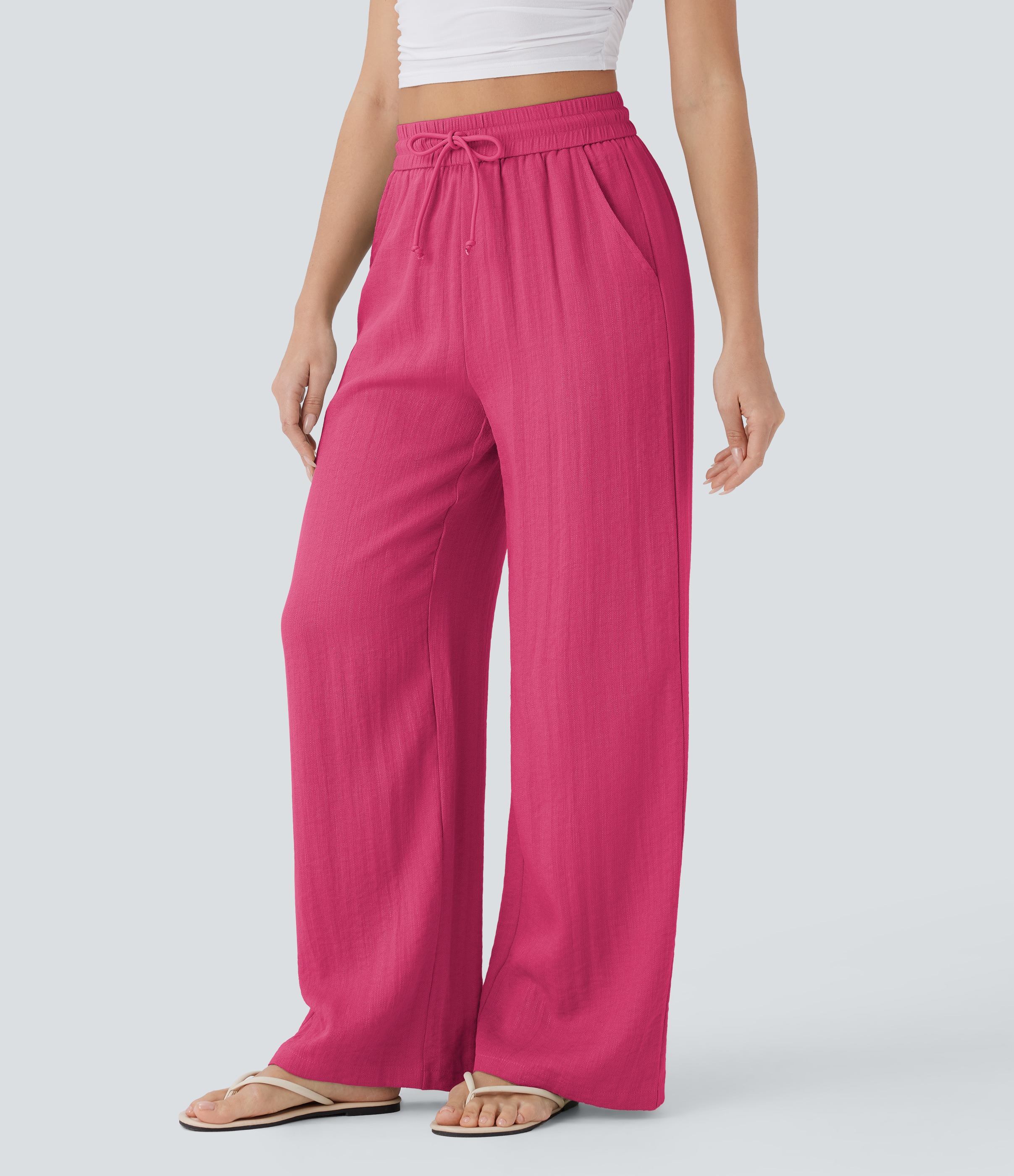 2026🔥 Hala High Waisted Drawstring Pocket Wide Leg Casual Linen-Feel Pants