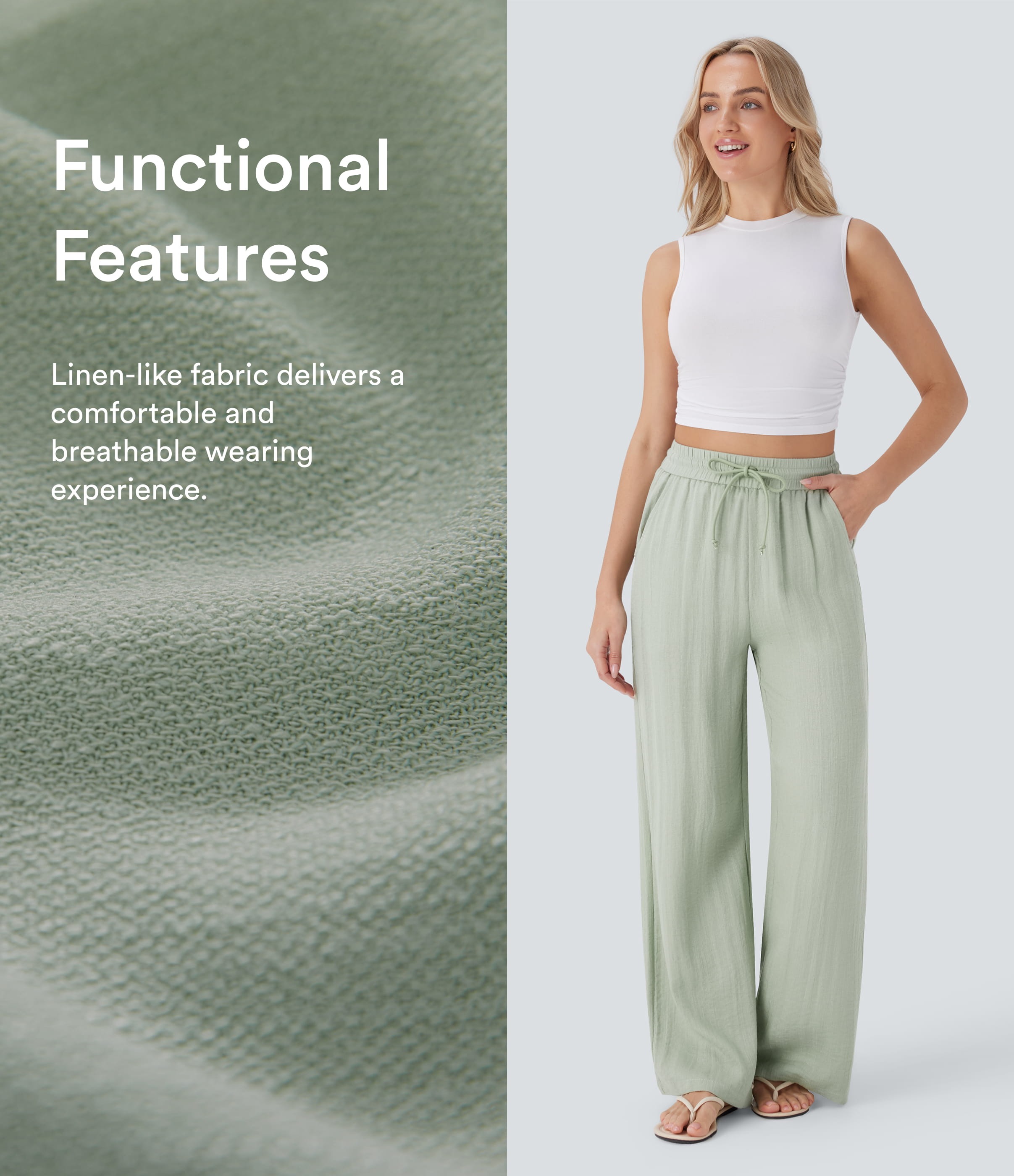 2026🔥 Hala High Waisted Drawstring Pocket Wide Leg Casual Linen-Feel Pants