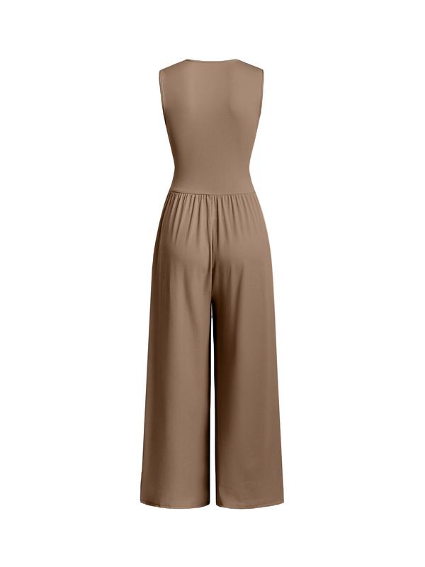 2026 Women's new jumpsuit with pockets Plain Ruched V Neck Ribbed Tank Jumpsuit, Summer Outfits 2025, Elegant Sleeveless Wide Leg Jumpsuit for Women for Vacation Holiday Party, Ladies Summer Clothes