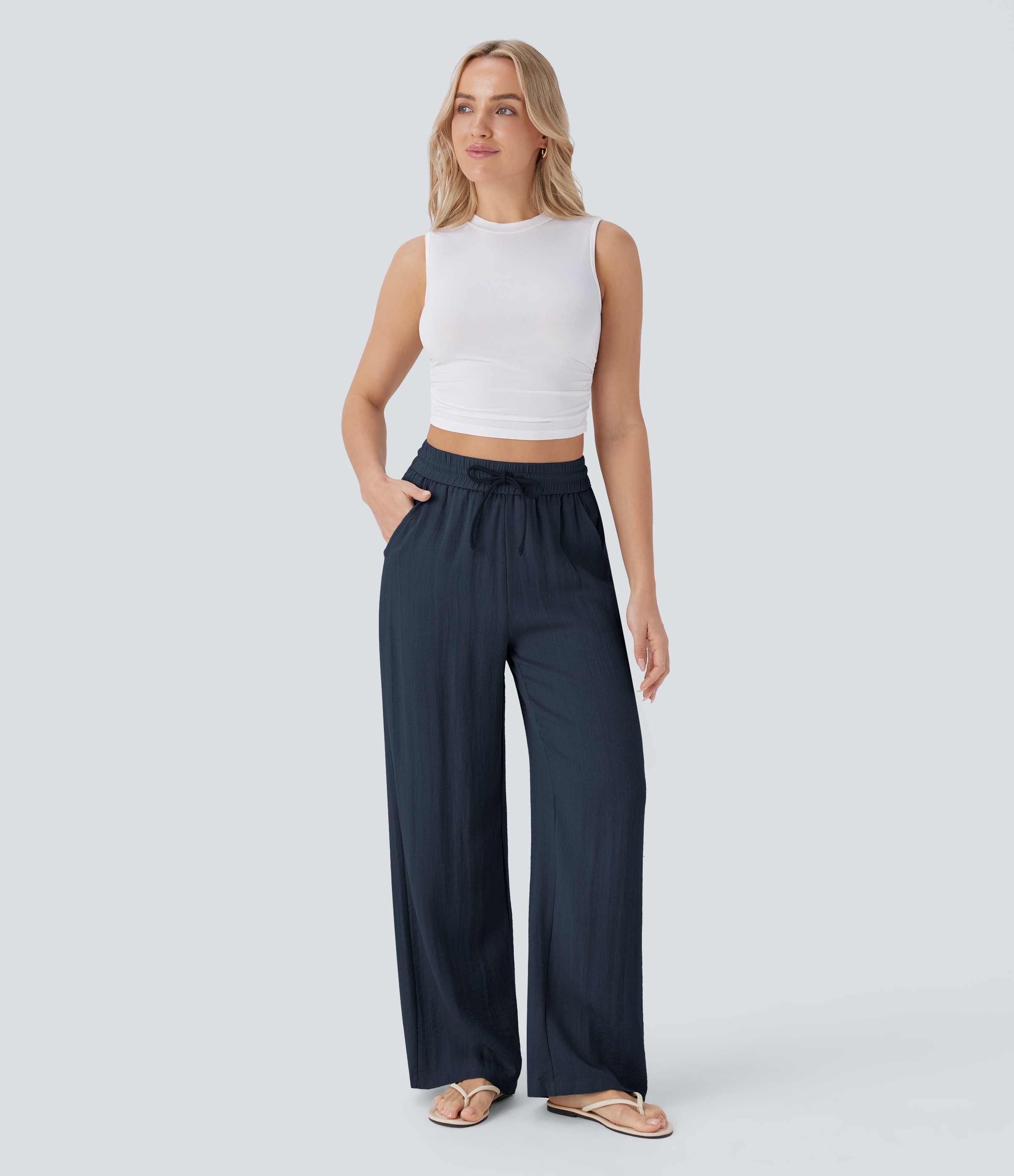 2026🔥 Hala High Waisted Drawstring Pocket Wide Leg Casual Linen-Feel Pants
