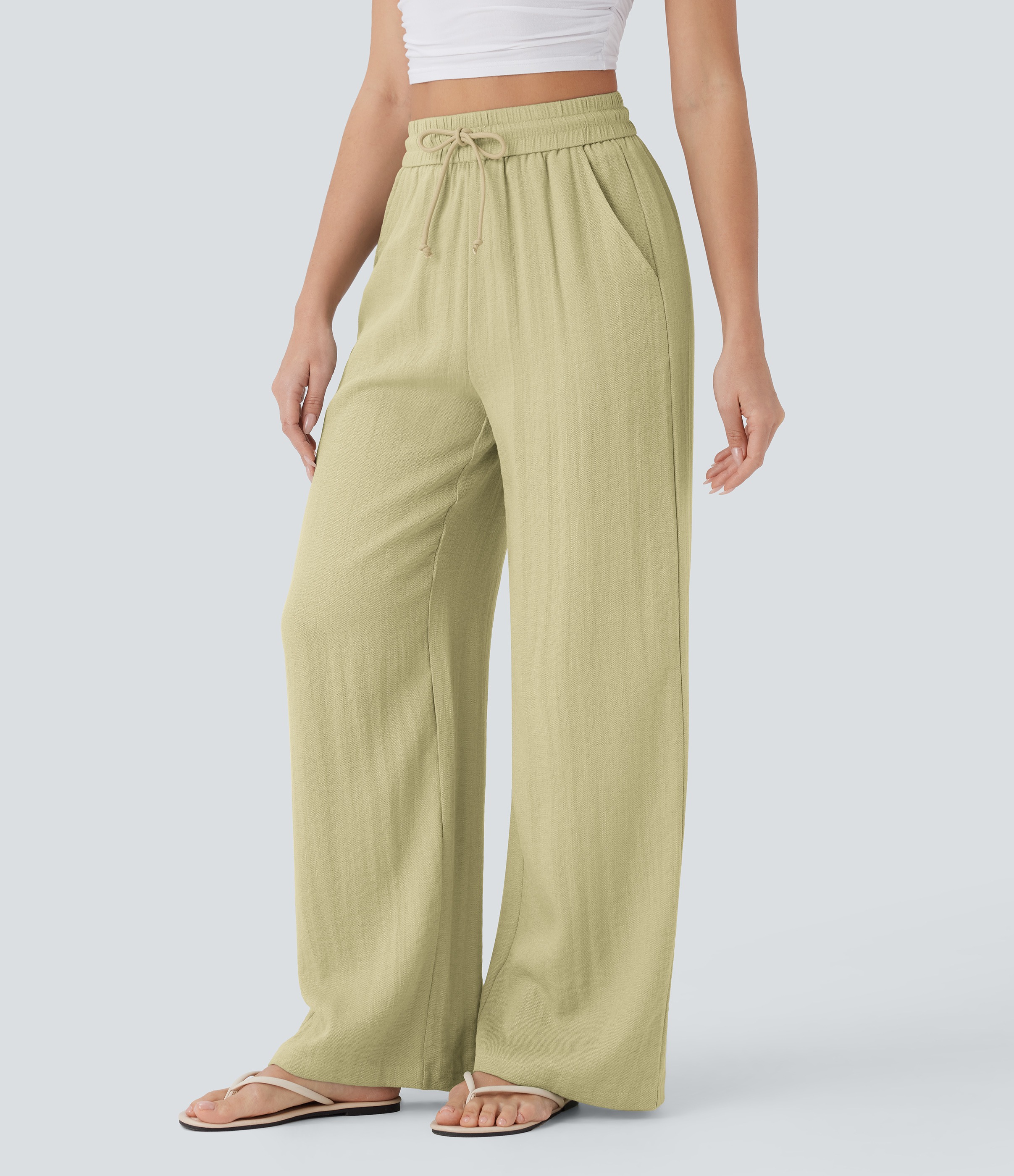 2026🔥 Hala High Waisted Drawstring Pocket Wide Leg Casual Linen-Feel Pants