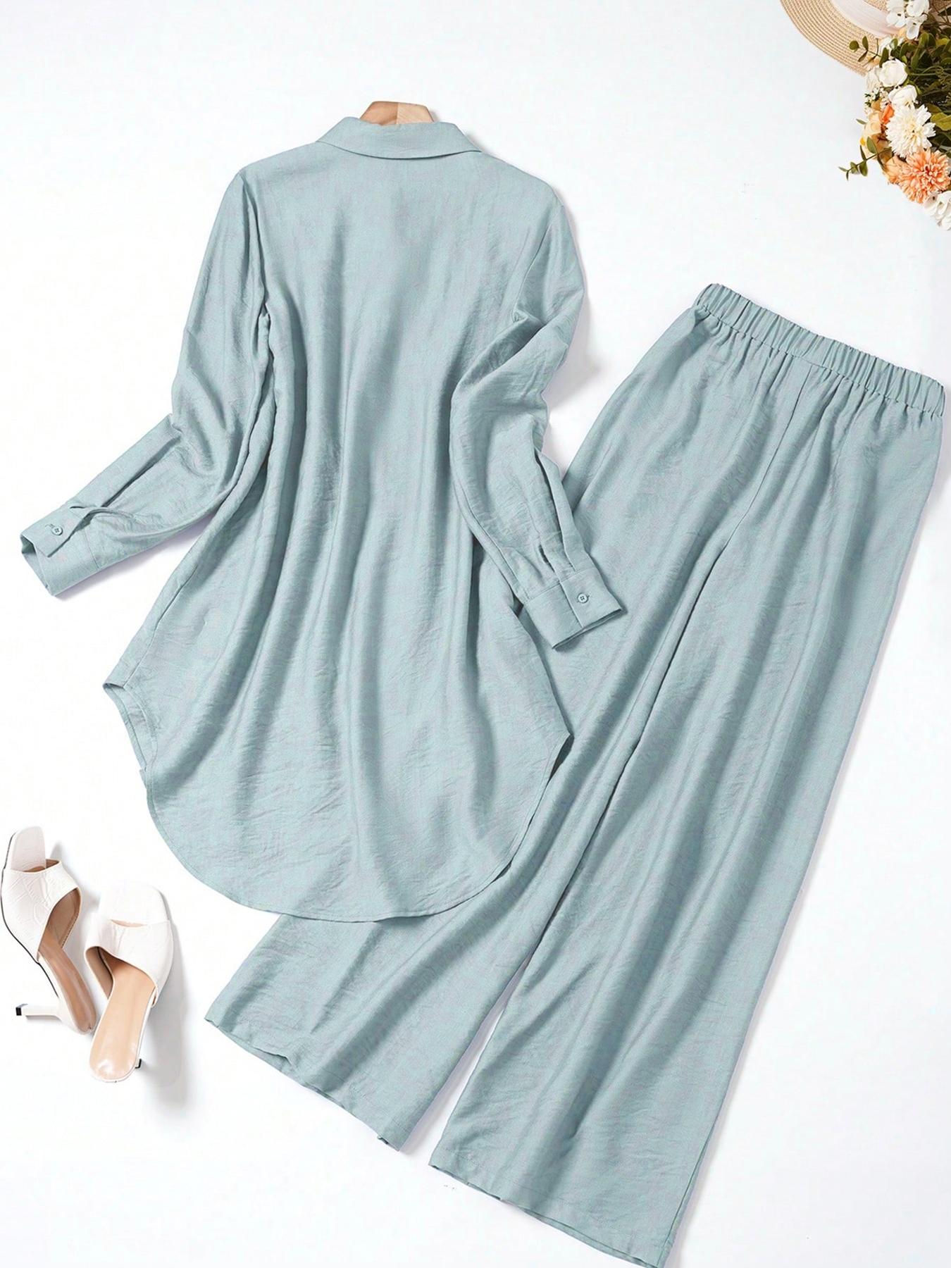 Women's Casual Two-Piece Set, Hollow-Out Top and Loose-Fit Pants, Plain Color Comfortable Breathable Woven Outfit for Daily Wear, Spring and Fall Fashion
