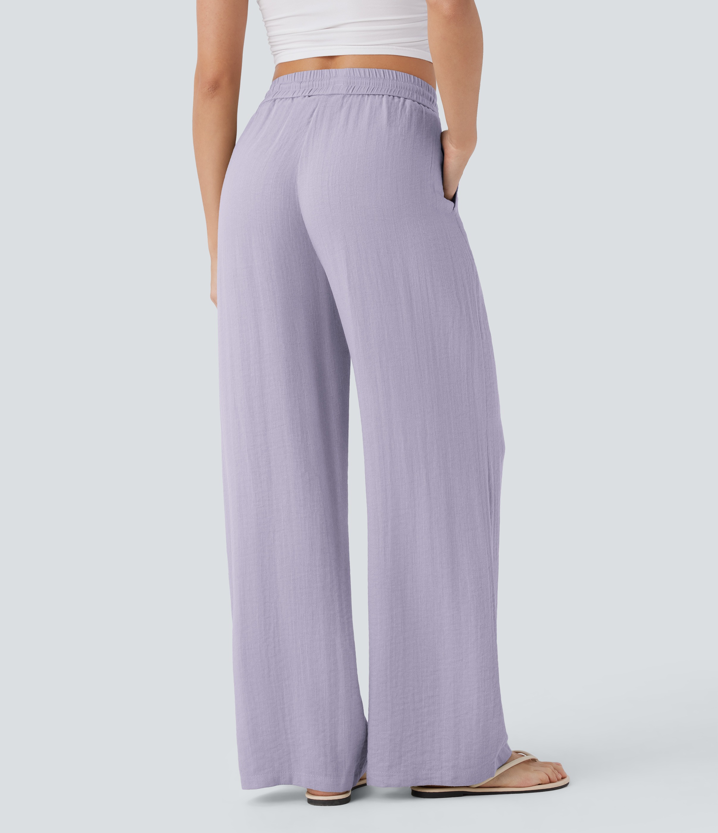 2026🔥 Hala High Waisted Drawstring Pocket Wide Leg Casual Linen-Feel Pants