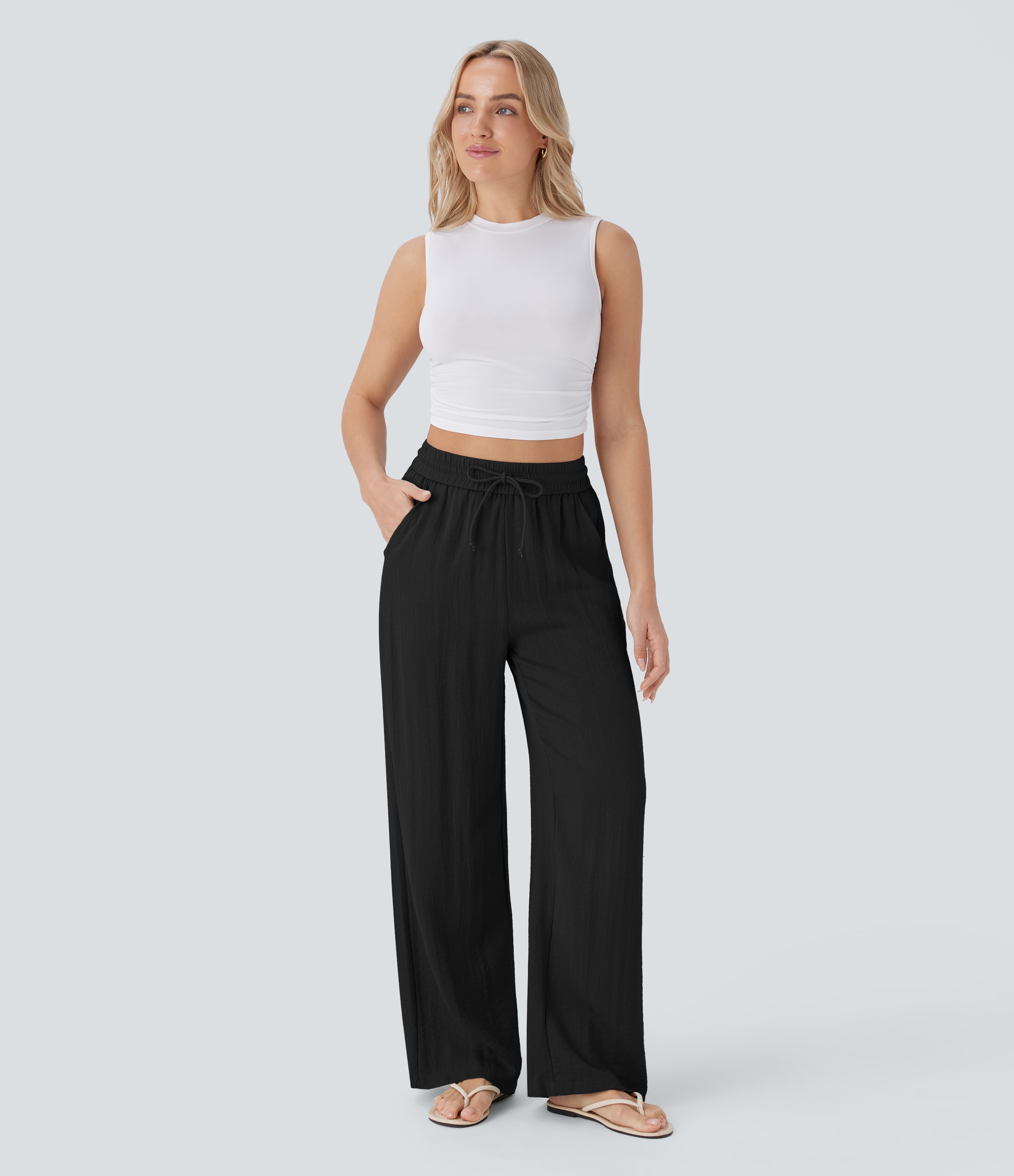 2026🔥 Hala High Waisted Drawstring Pocket Wide Leg Casual Linen-Feel Pants