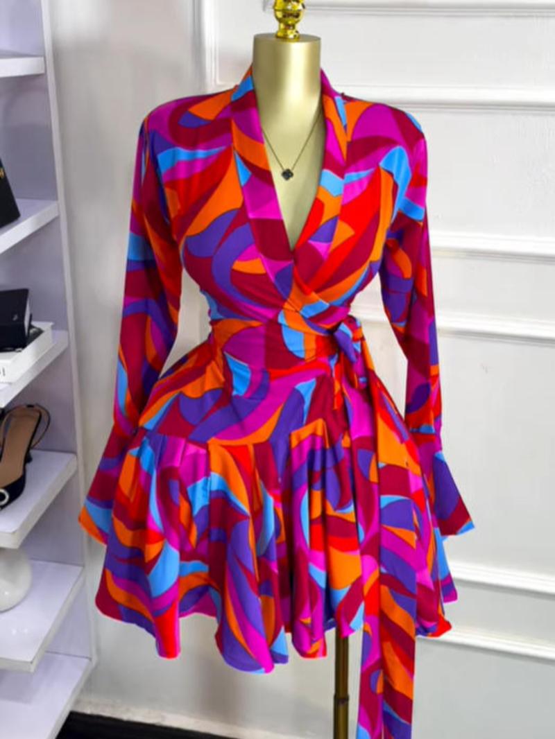 PULKRITU Women's Tie-Dye Print Flare Long Sleeve Dress, V-Neck Bow Hem, Fall Winter Wear, Elegant Vacation Party Birthday Dress