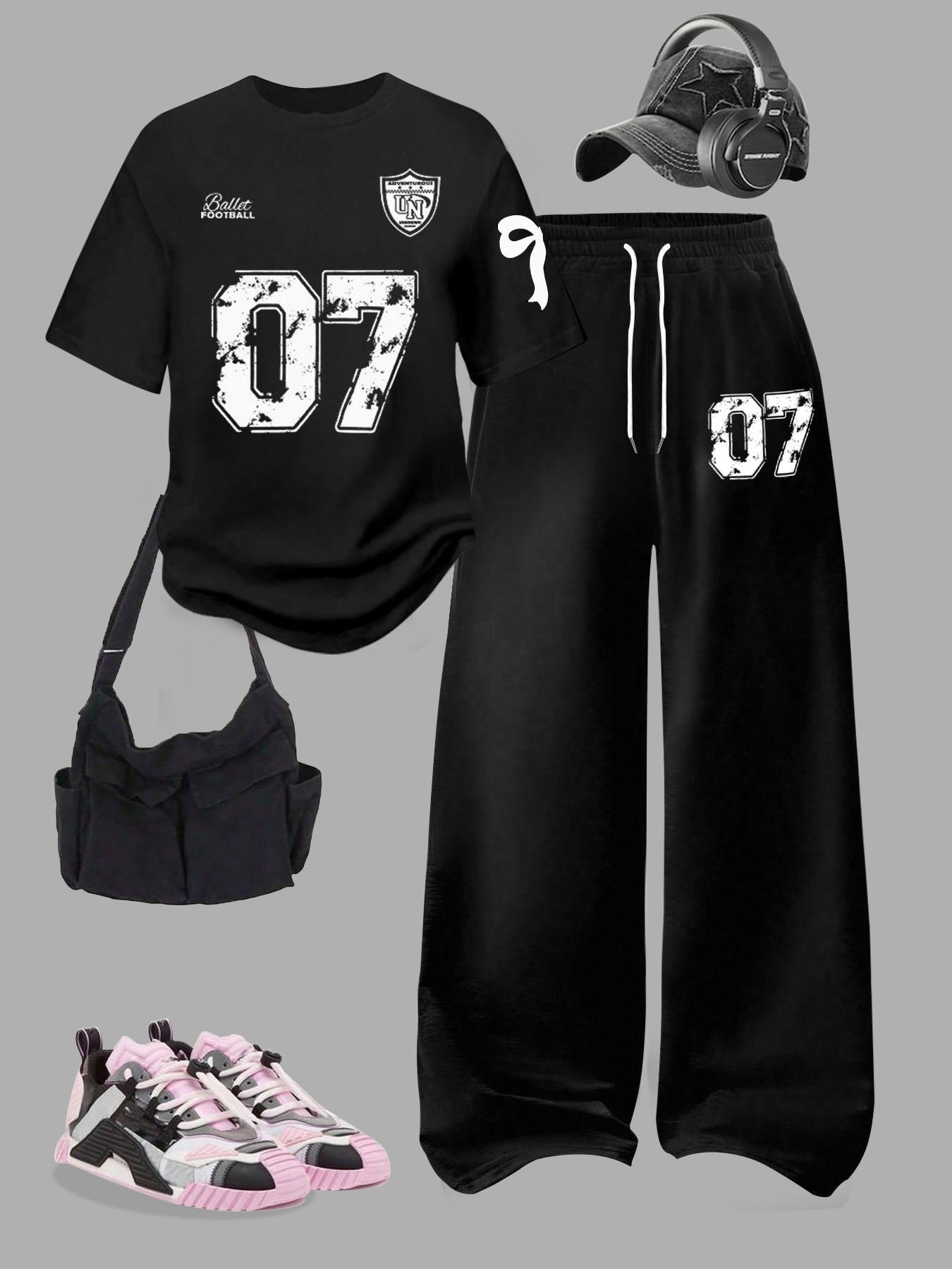 Women's Two-Piece Set, Digital Pattern Round Neck Short Sleeve Top & Loose Casual Pants, Summer Fashion for Vacation Travel, Outfit