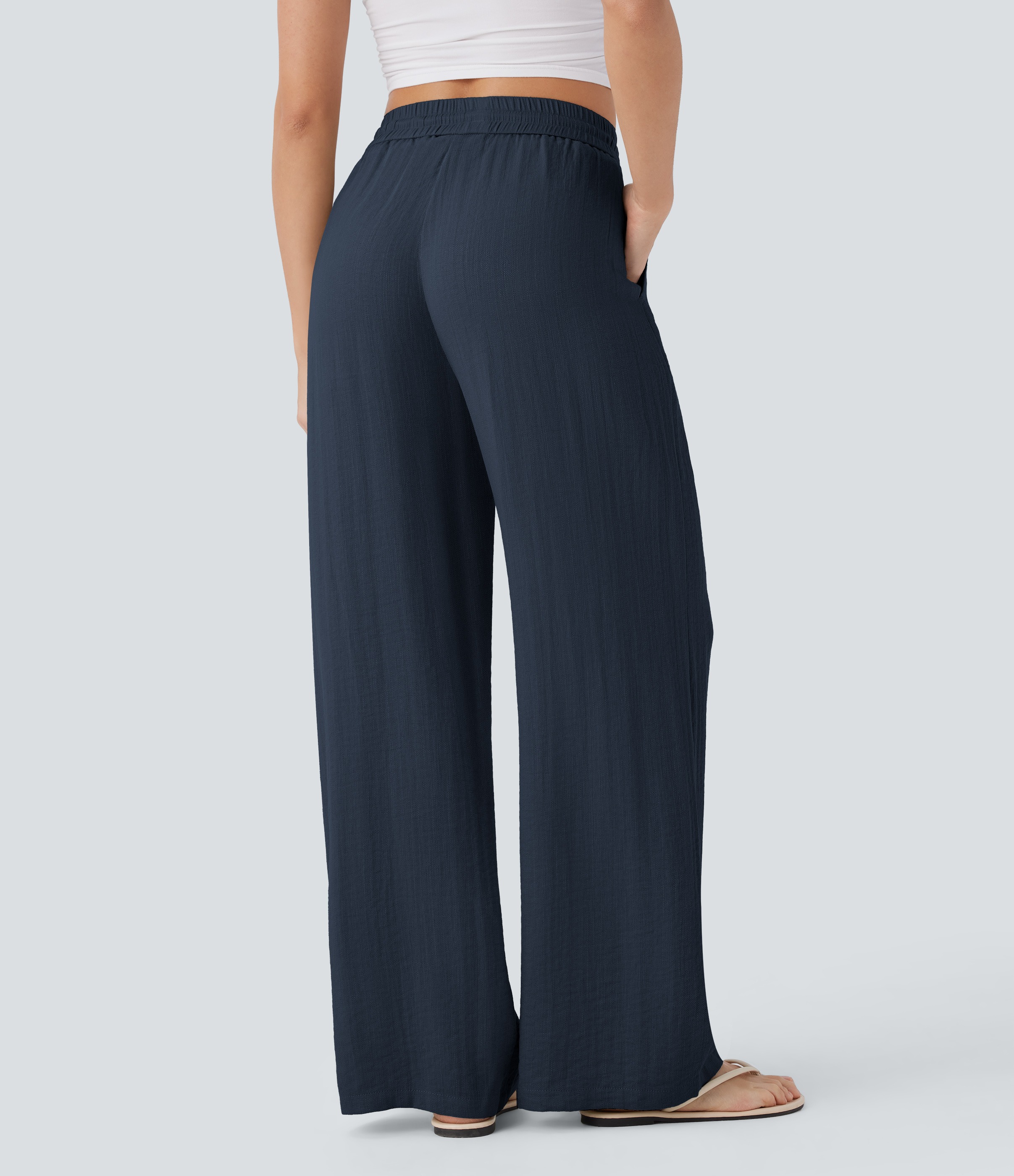 2026🔥 Hala High Waisted Drawstring Pocket Wide Leg Casual Linen-Feel Pants