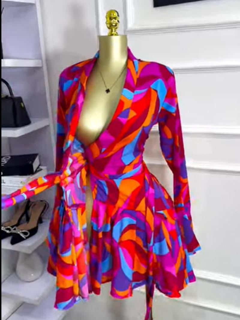 PULKRITU Women's Tie-Dye Print Flare Long Sleeve Dress, V-Neck Bow Hem, Fall Winter Wear, Elegant Vacation Party Birthday Dress
