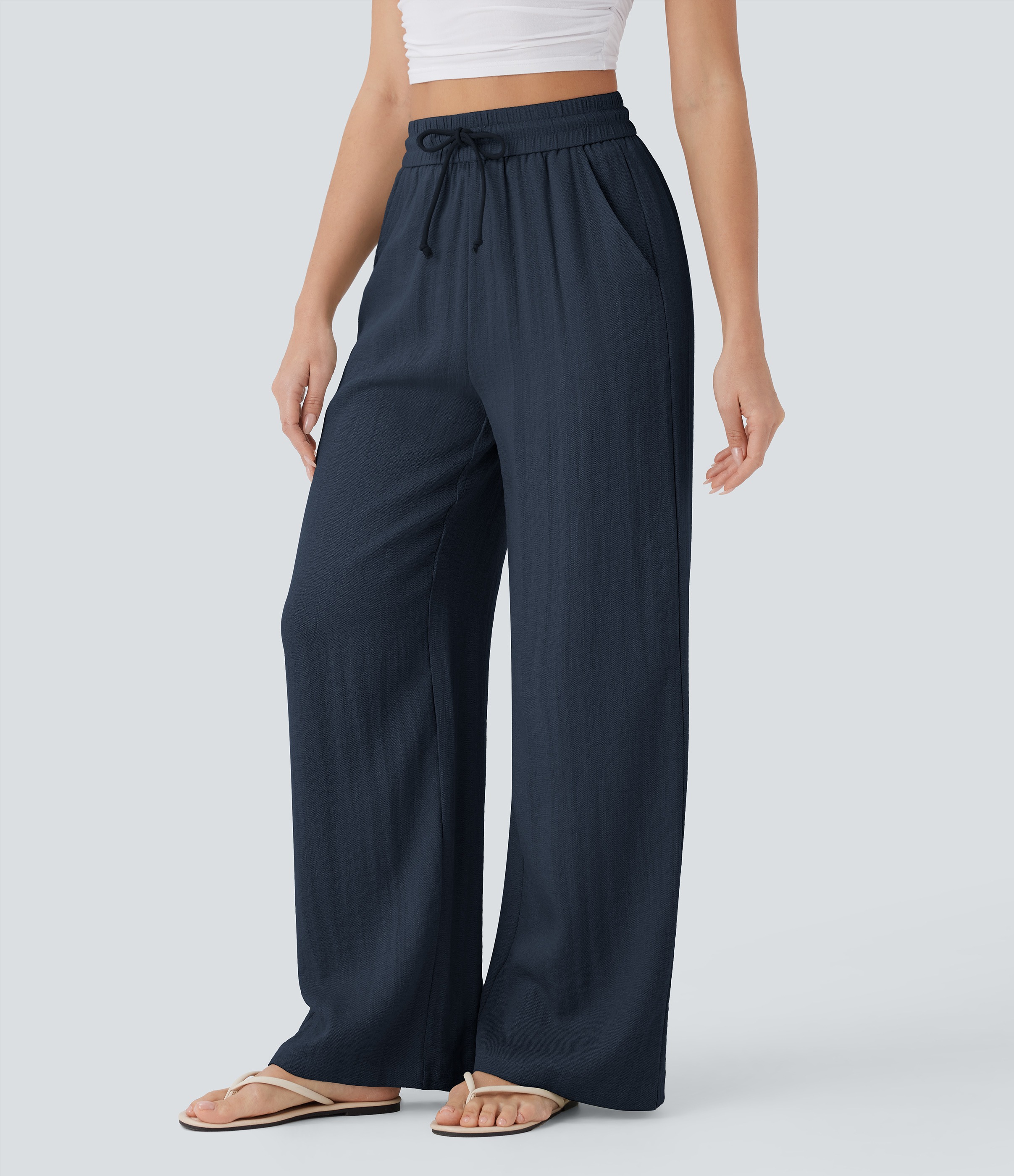 2026🔥 Hala High Waisted Drawstring Pocket Wide Leg Casual Linen-Feel Pants