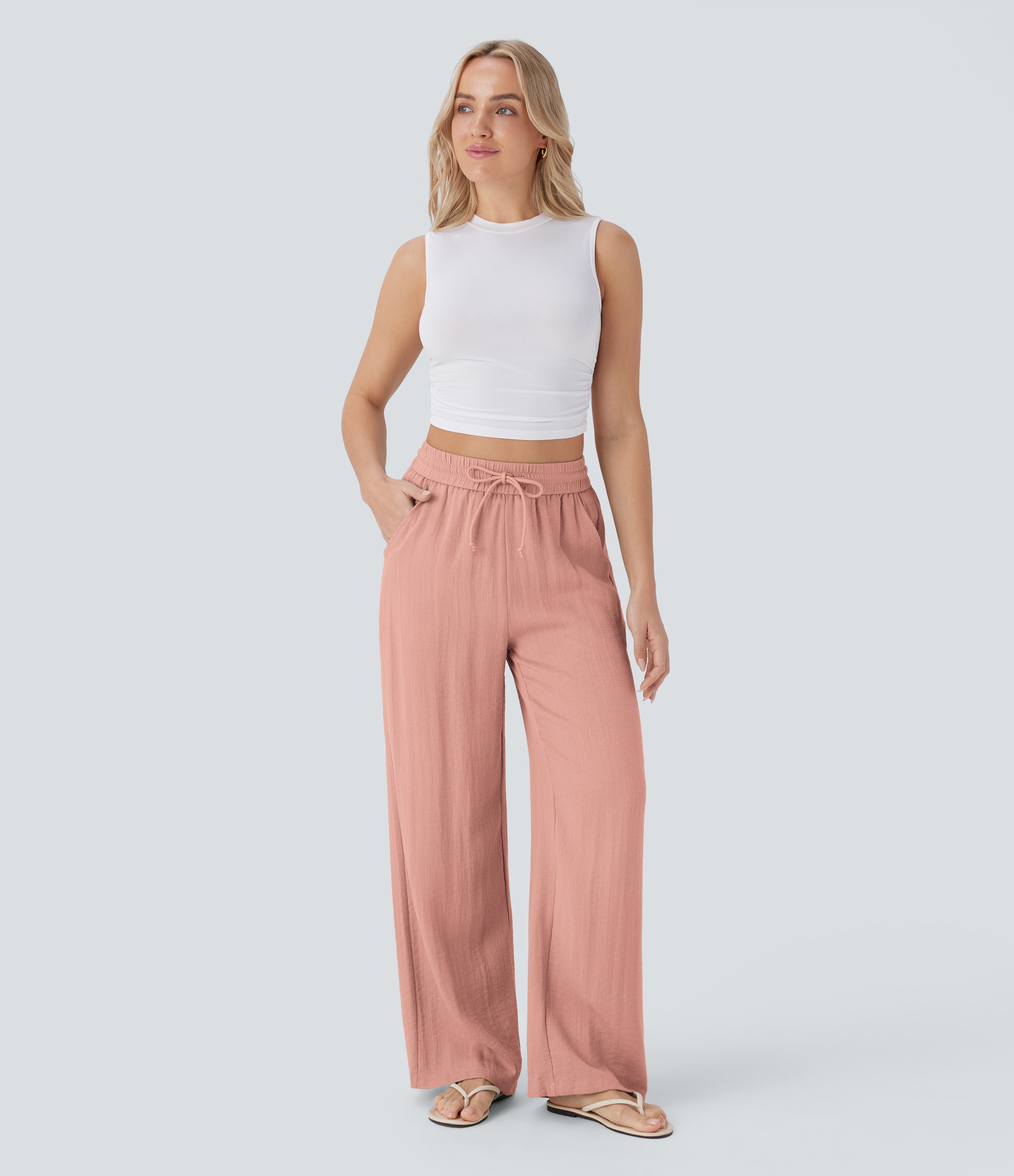 2026🔥 Hala High Waisted Drawstring Pocket Wide Leg Casual Linen-Feel Pants