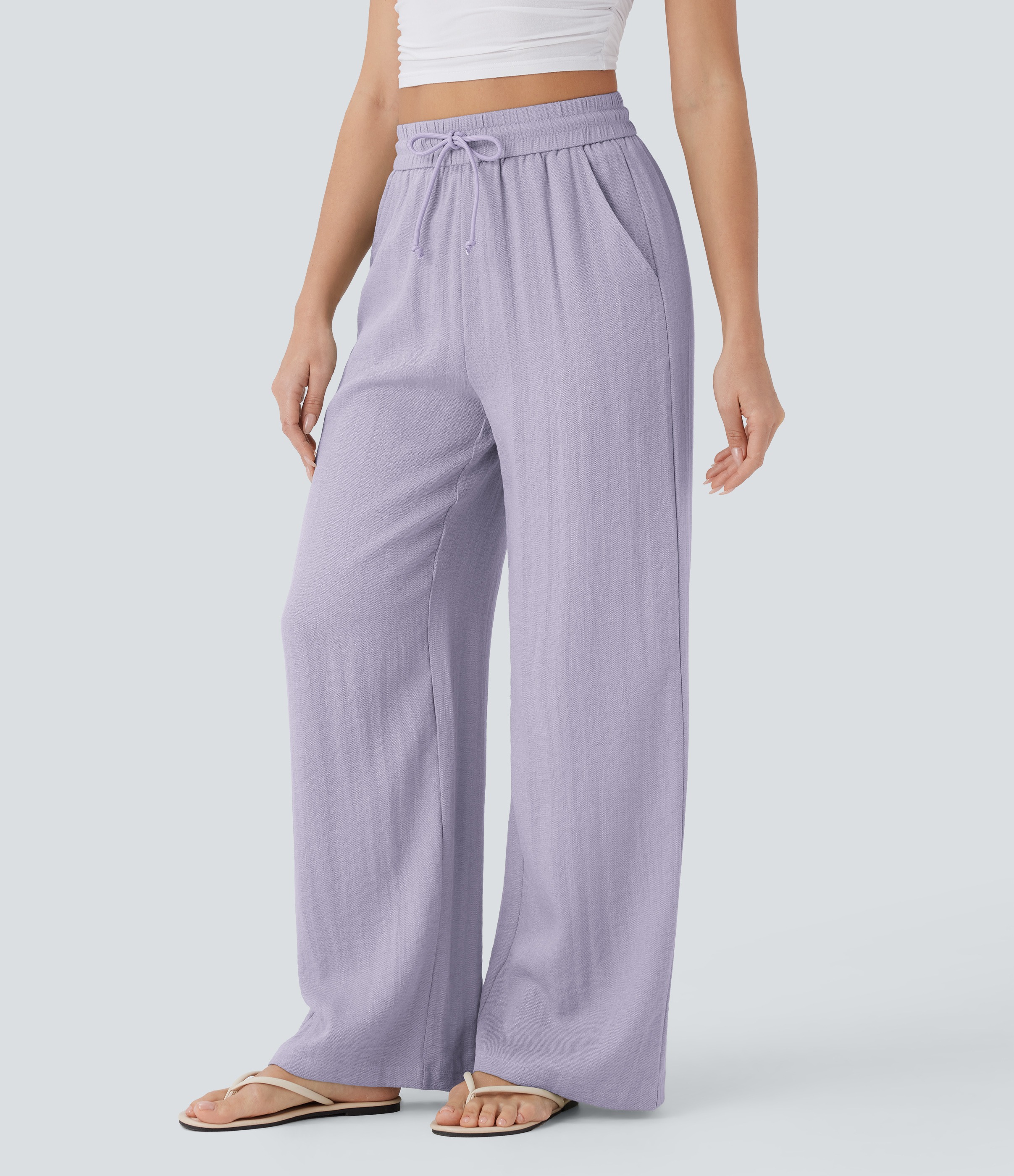 2026🔥 Hala High Waisted Drawstring Pocket Wide Leg Casual Linen-Feel Pants