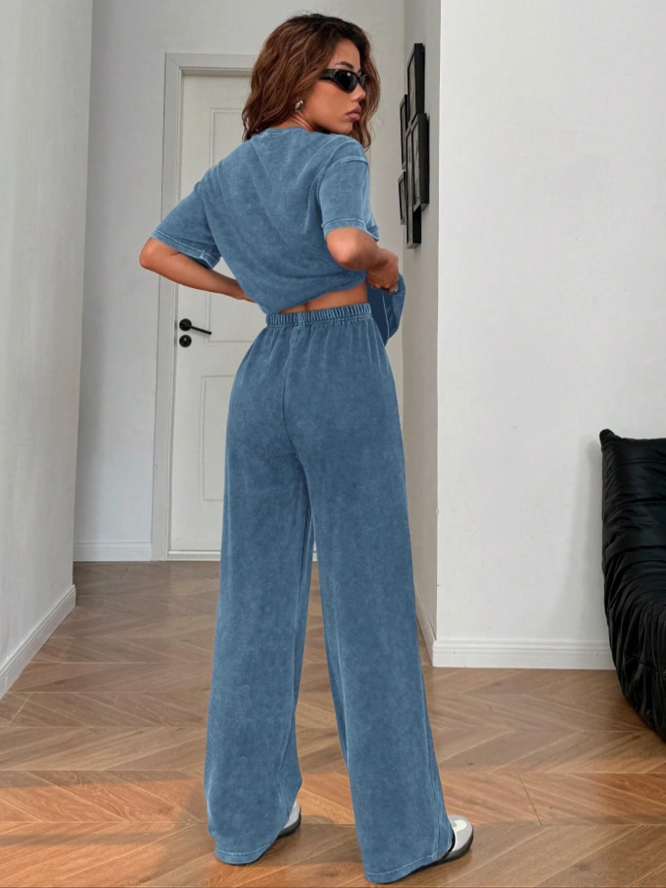 Women's Casual Loose Fit Acid Washed Cotton Short Sleeve T-Shirt and Long Pants Two-Piece Set, All Seasons, Plain Style