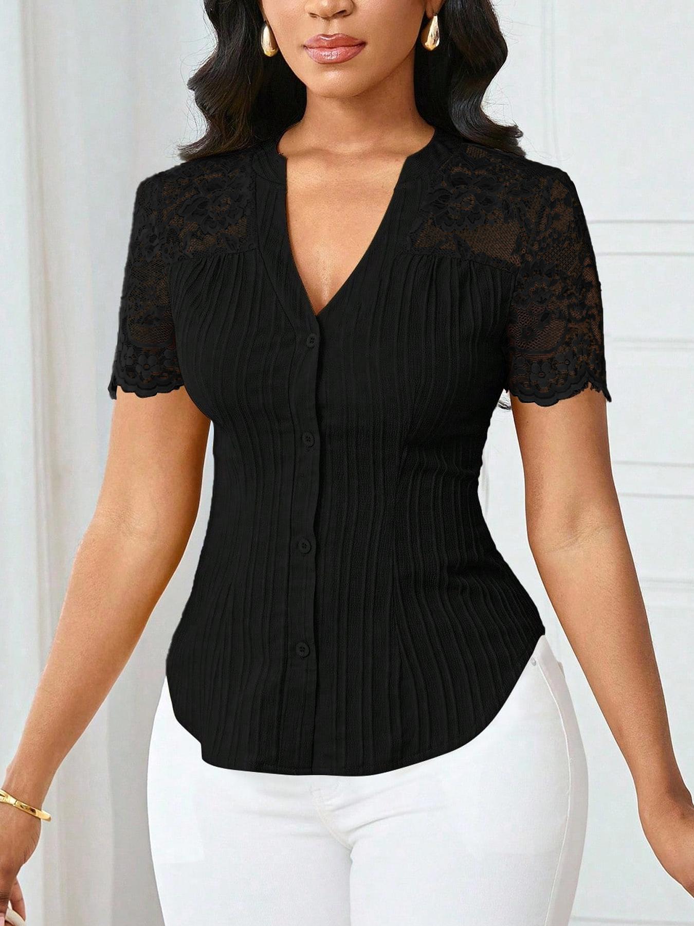 Women's Solid Color Simple Basic Commuter Casual Fitted Shirt Summer Style, Ladies Plain Design Office Wear, Comfortable and Stylish Blouse Tops