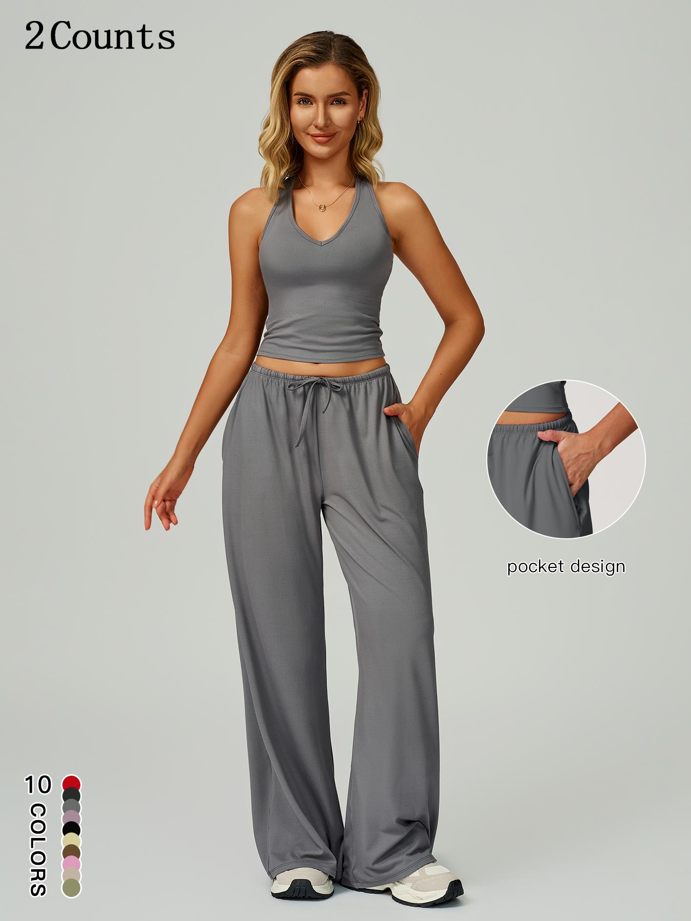 Women's Solid Crop Tank Top & Wide Leg Pants Set, Casual V Neck Sleeveless Top & Trousers for Daily Outdoor Wear, Ladies Sportswear for Summer Sports, Yoga and Airport Outfits, Gym Outfit