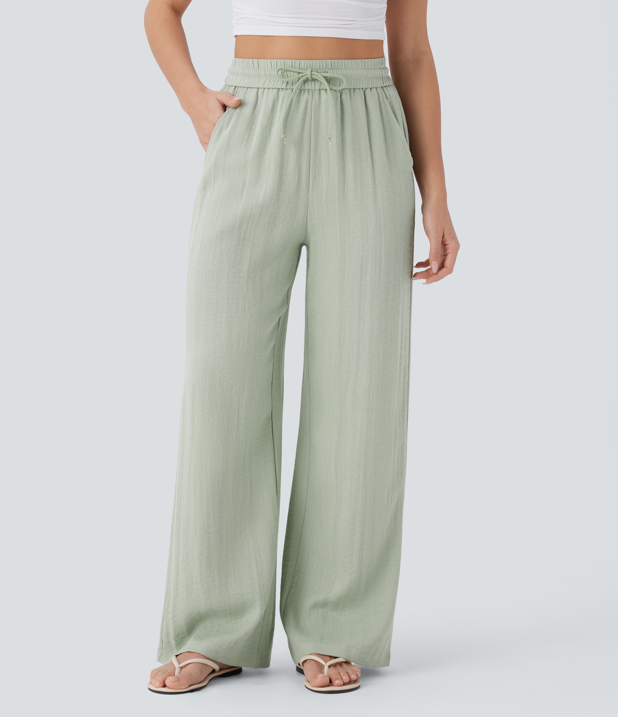 2026🔥 Hala High Waisted Drawstring Pocket Wide Leg Casual Linen-Feel Pants