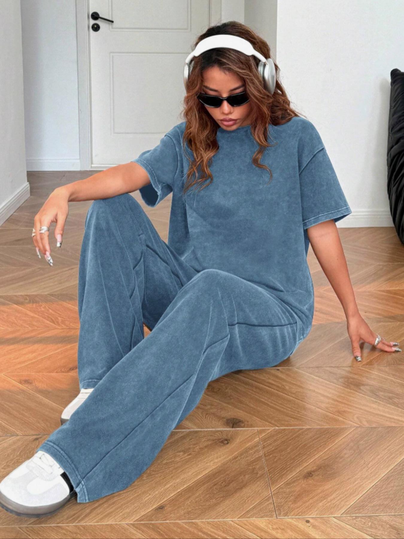 Women's Casual Loose Fit Acid Washed Cotton Short Sleeve T-Shirt and Long Pants Two-Piece Set, All Seasons, Plain Style