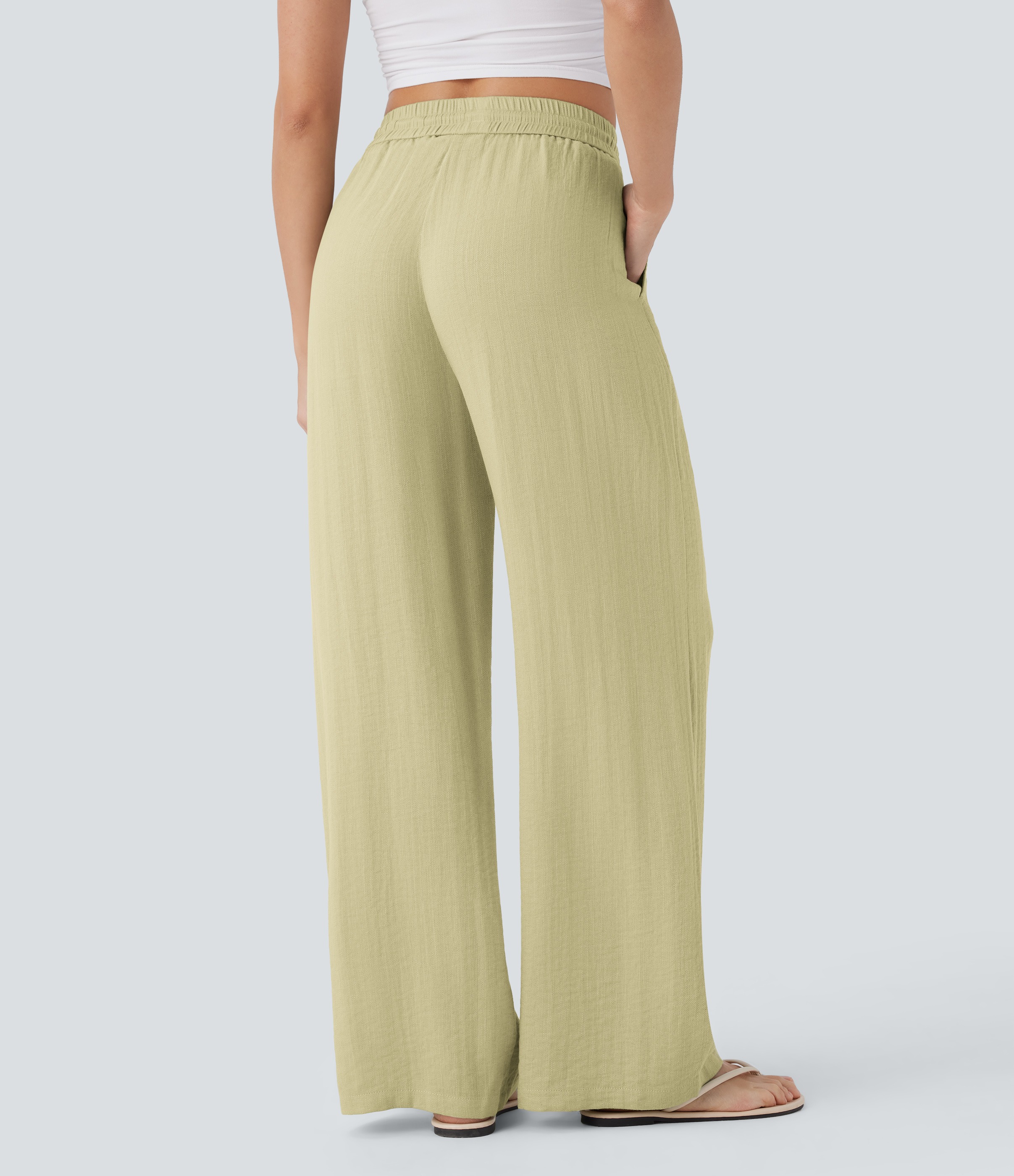 2026🔥 Hala High Waisted Drawstring Pocket Wide Leg Casual Linen-Feel Pants