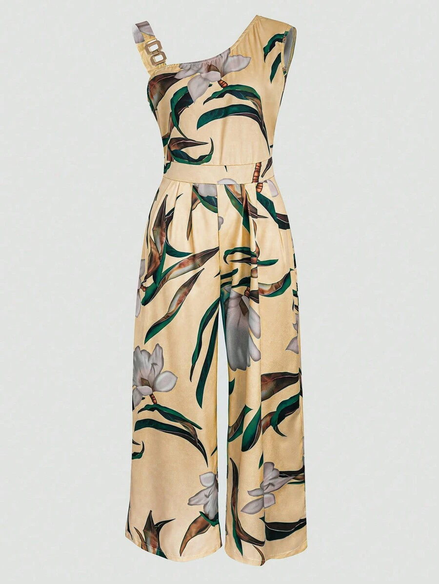 Women's Floral Print Ring Linked Asymmetrical Neck Plicated Jumpsuit, Boho Casual High Waist Wide Leg Jumpsuit for Summer, Summer Clothes 