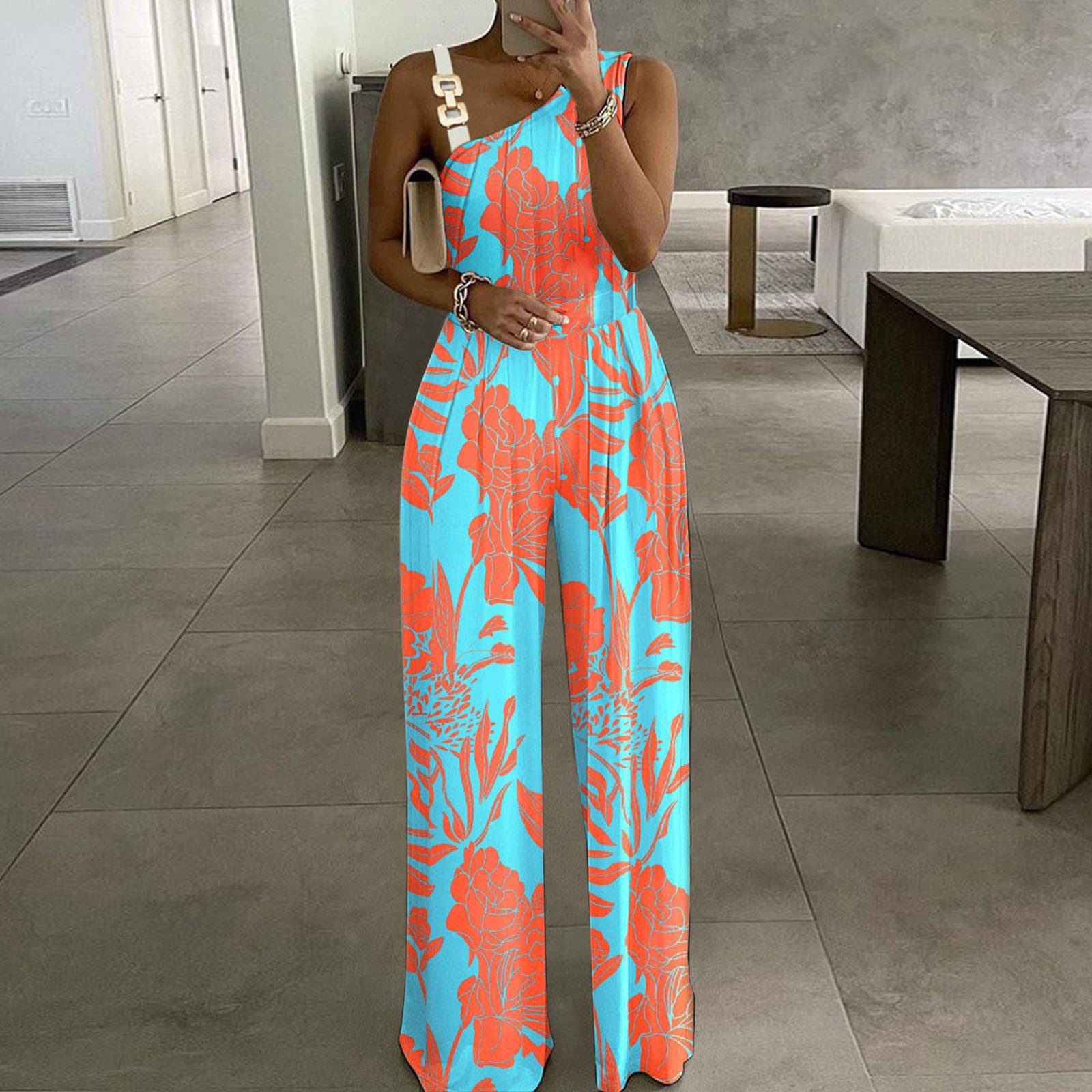 Women's Floral Print Ring Linked Asymmetrical Neck Plicated Jumpsuit, Boho Casual High Waist Wide Leg Jumpsuit for Summer, Summer Clothes 