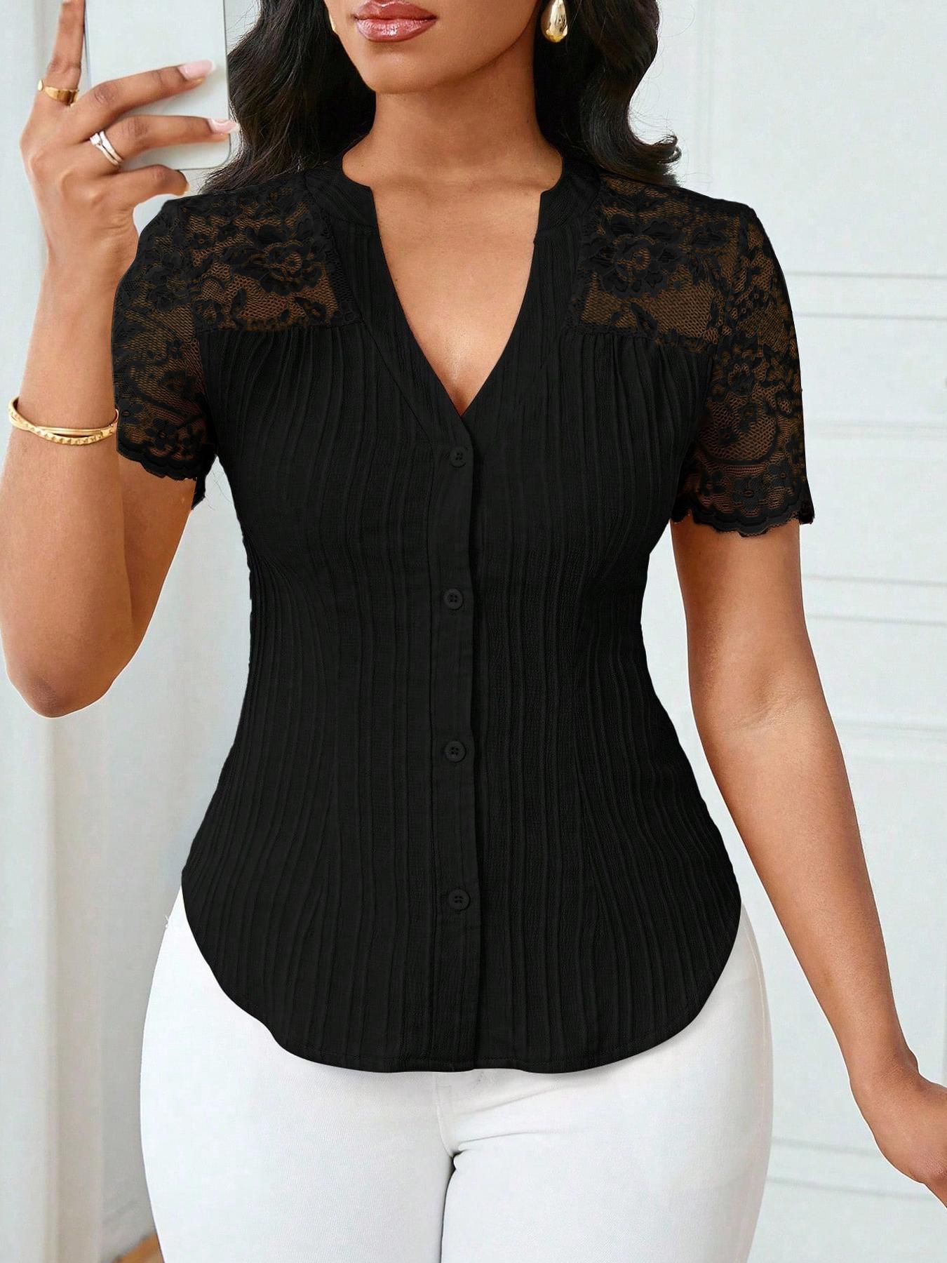 Women's Solid Color Simple Basic Commuter Casual Fitted Shirt Summer Style, Ladies Plain Design Office Wear, Comfortable and Stylish Blouse Tops