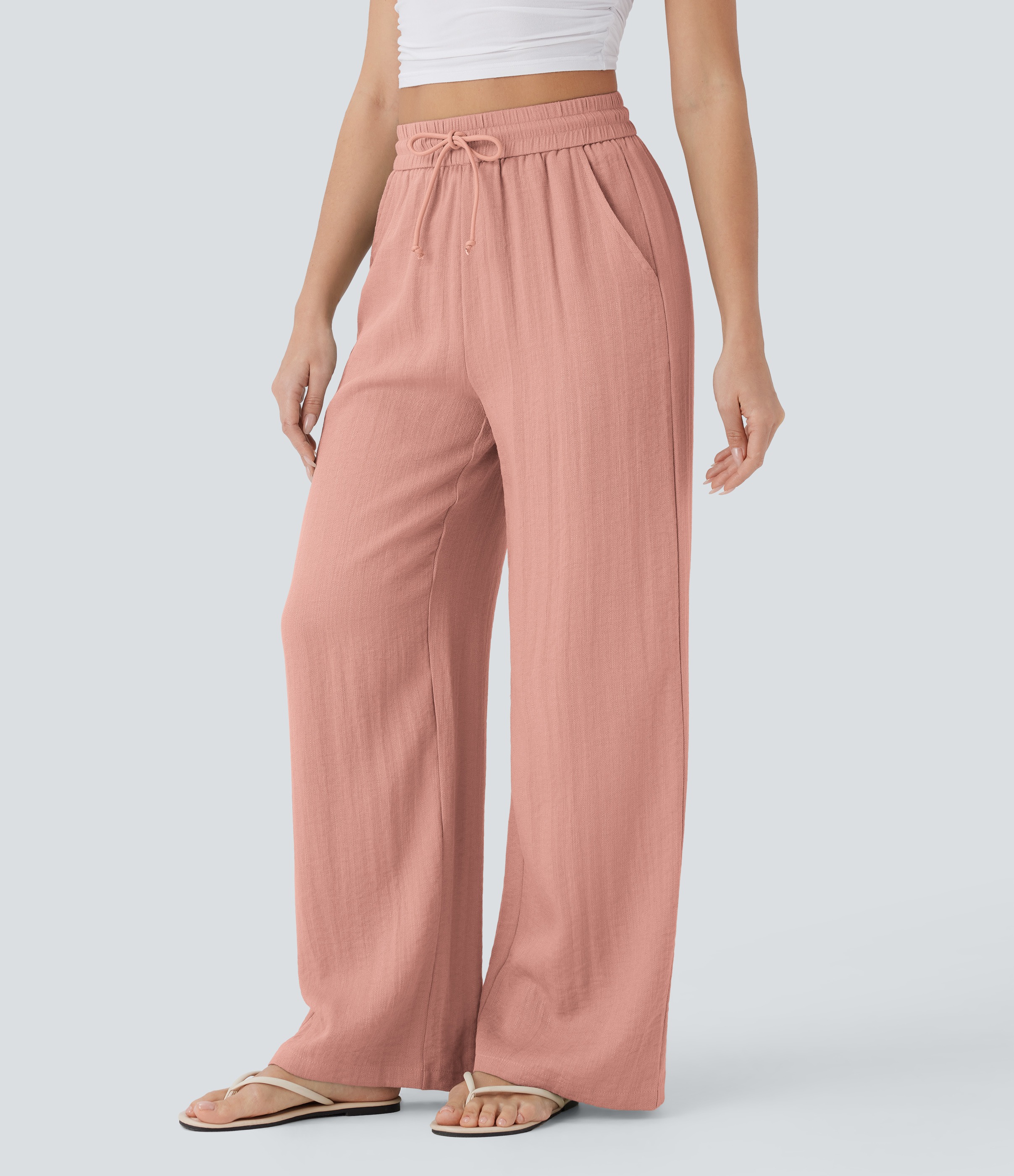 2026🔥 Hala High Waisted Drawstring Pocket Wide Leg Casual Linen-Feel Pants