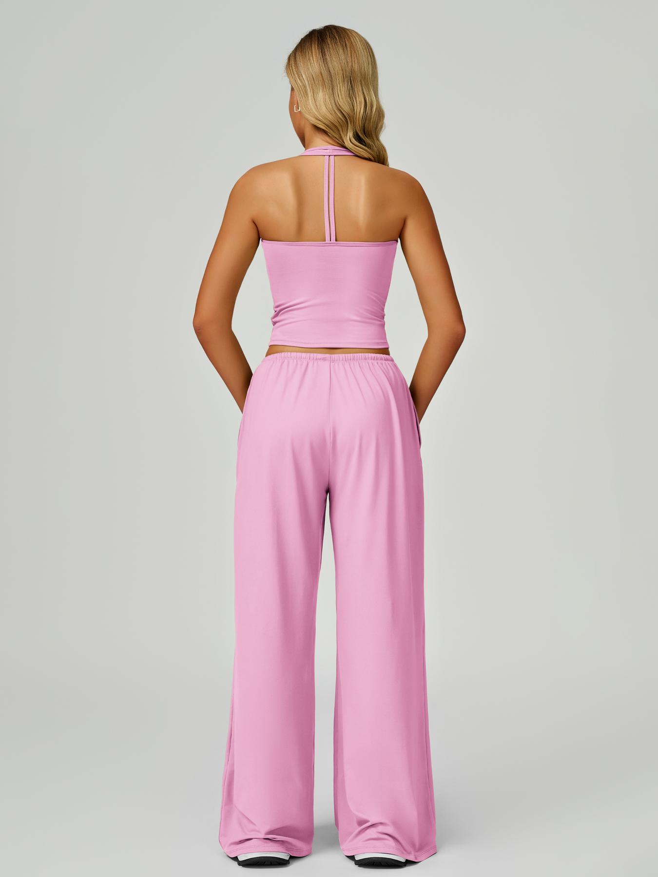Women's Solid Crop Tank Top & Wide Leg Pants Set, Casual V Neck Sleeveless Top & Trousers for Daily Outdoor Wear, Ladies Sportswear for Summer Sports, Yoga and Airport Outfits, Gym Outfit