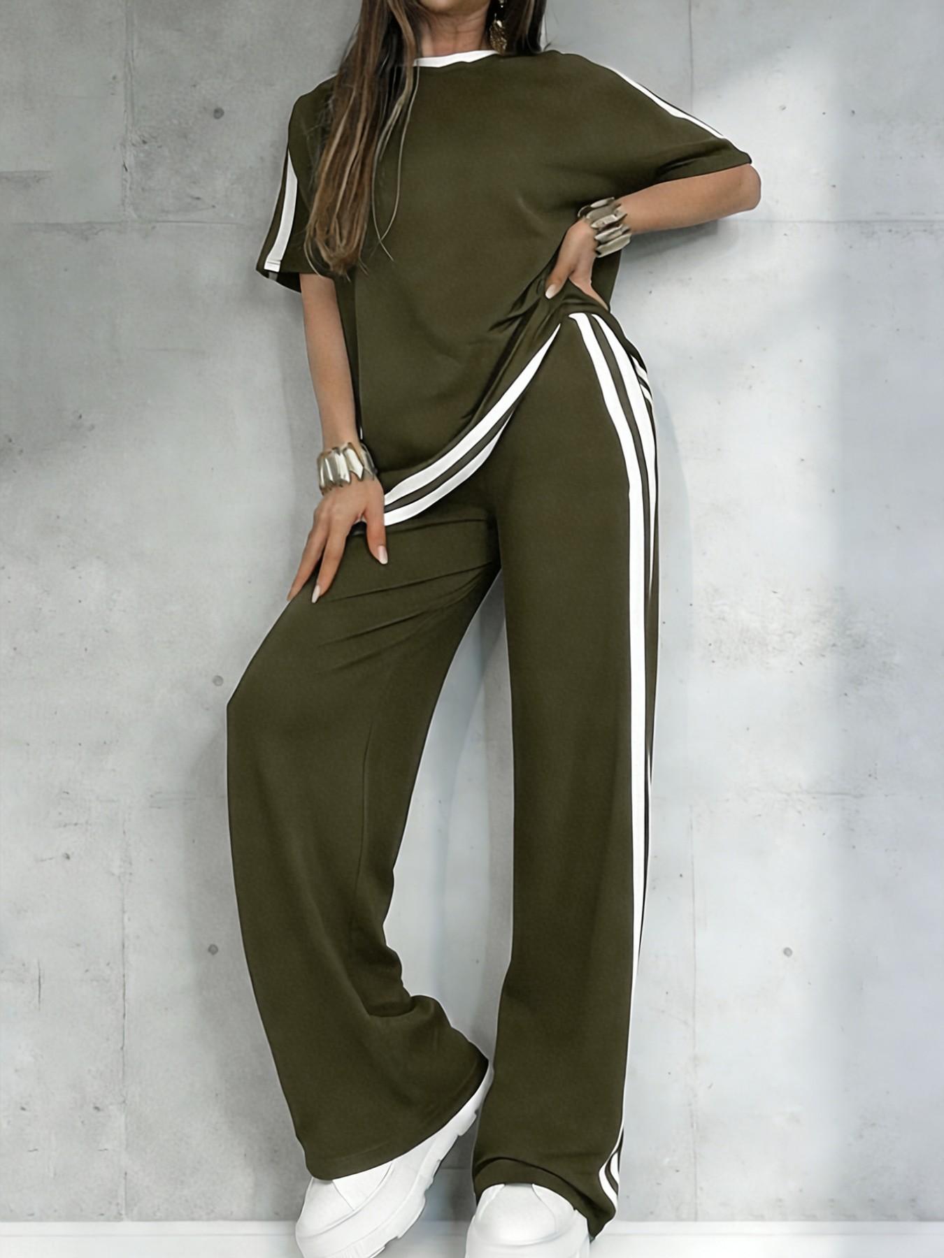 Women's Casual Athleisure Sportswear Set, Solid Color Round-Neck Short-Sleeve Split-Hem Top and Striped Long Pants, Spring/Summer Two-Piece Set