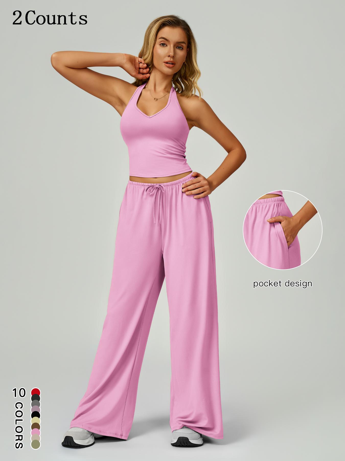 Women's Solid Crop Tank Top & Wide Leg Pants Set, Casual V Neck Sleeveless Top & Trousers for Daily Outdoor Wear, Ladies Sportswear for Summer Sports, Yoga and Airport Outfits, Gym Outfit
