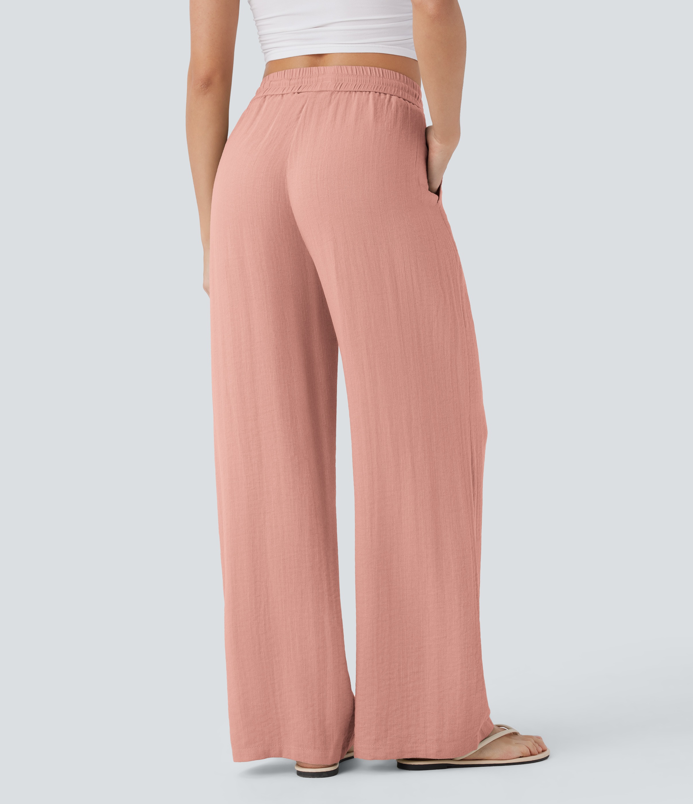 2026🔥 Hala High Waisted Drawstring Pocket Wide Leg Casual Linen-Feel Pants