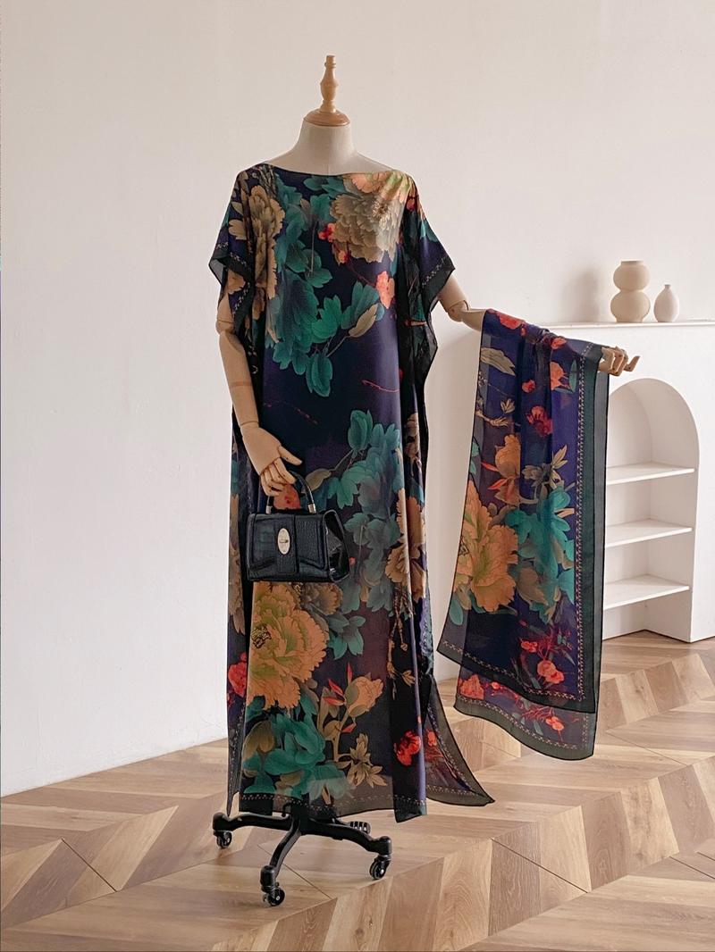 Women's Floral & Butterfly & Peacock Print Cape Shawl & Scarf Set, Elegant Casual Scarf & Cape Shawl Set for Beach Vacation, Fashion Accessories for Women