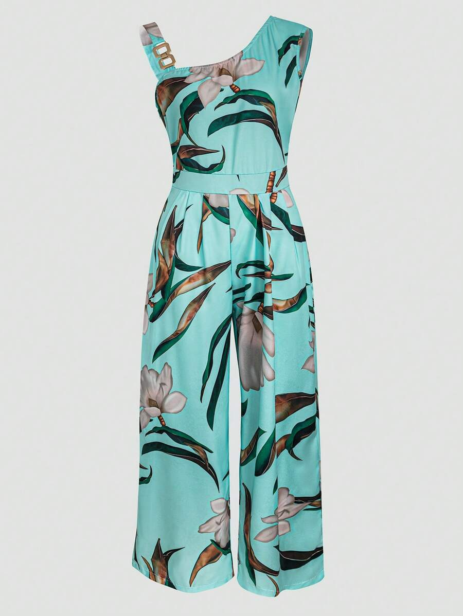 Women's Floral Print Ring Linked Asymmetrical Neck Plicated Jumpsuit, Boho Casual High Waist Wide Leg Jumpsuit for Summer, Summer Clothes 