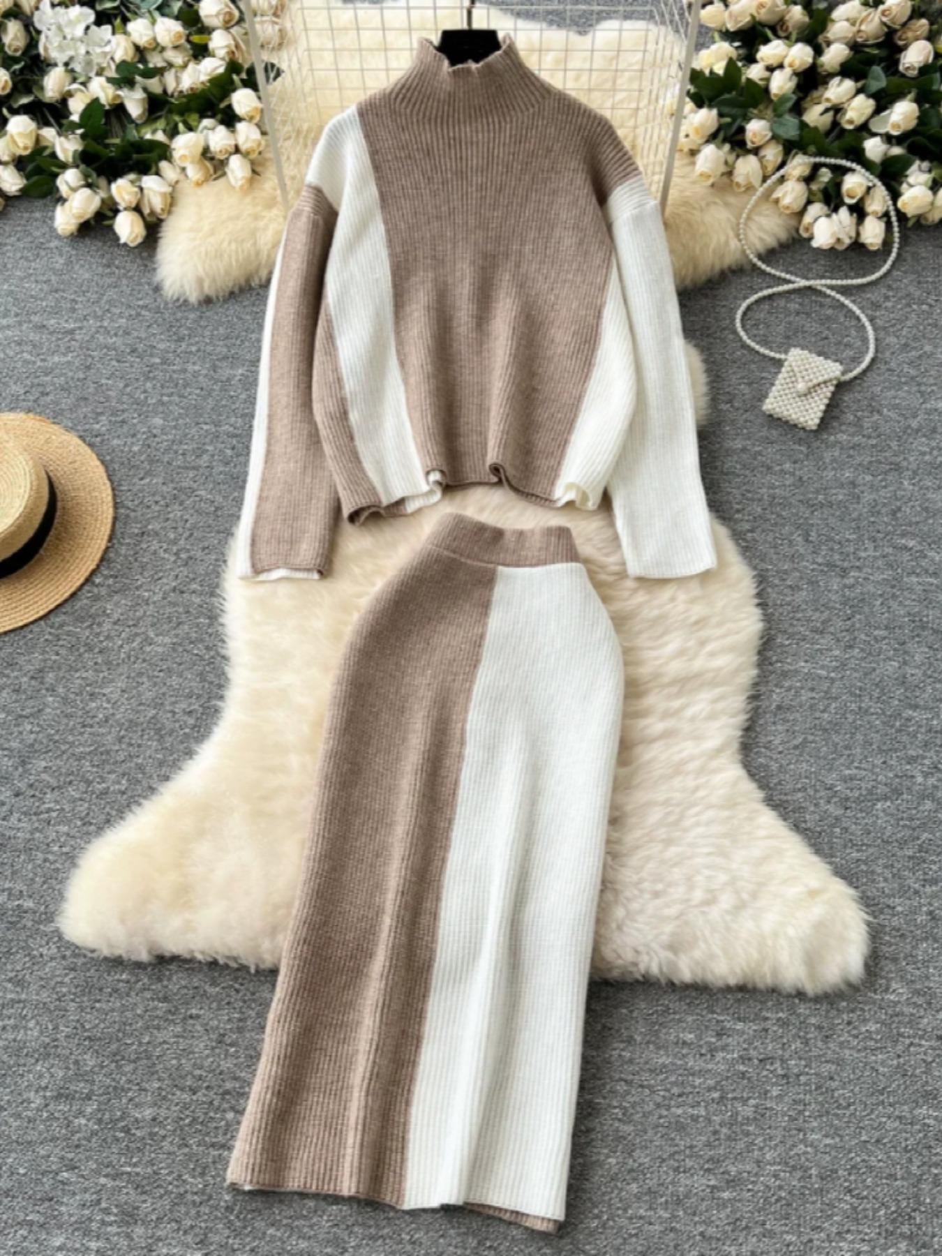 Women's Colorblock Sweater Set, Elegant Mock Neck Knit Top & Elastic Waist Skirt, Casual Fitted Two-Piece for Fall Winter