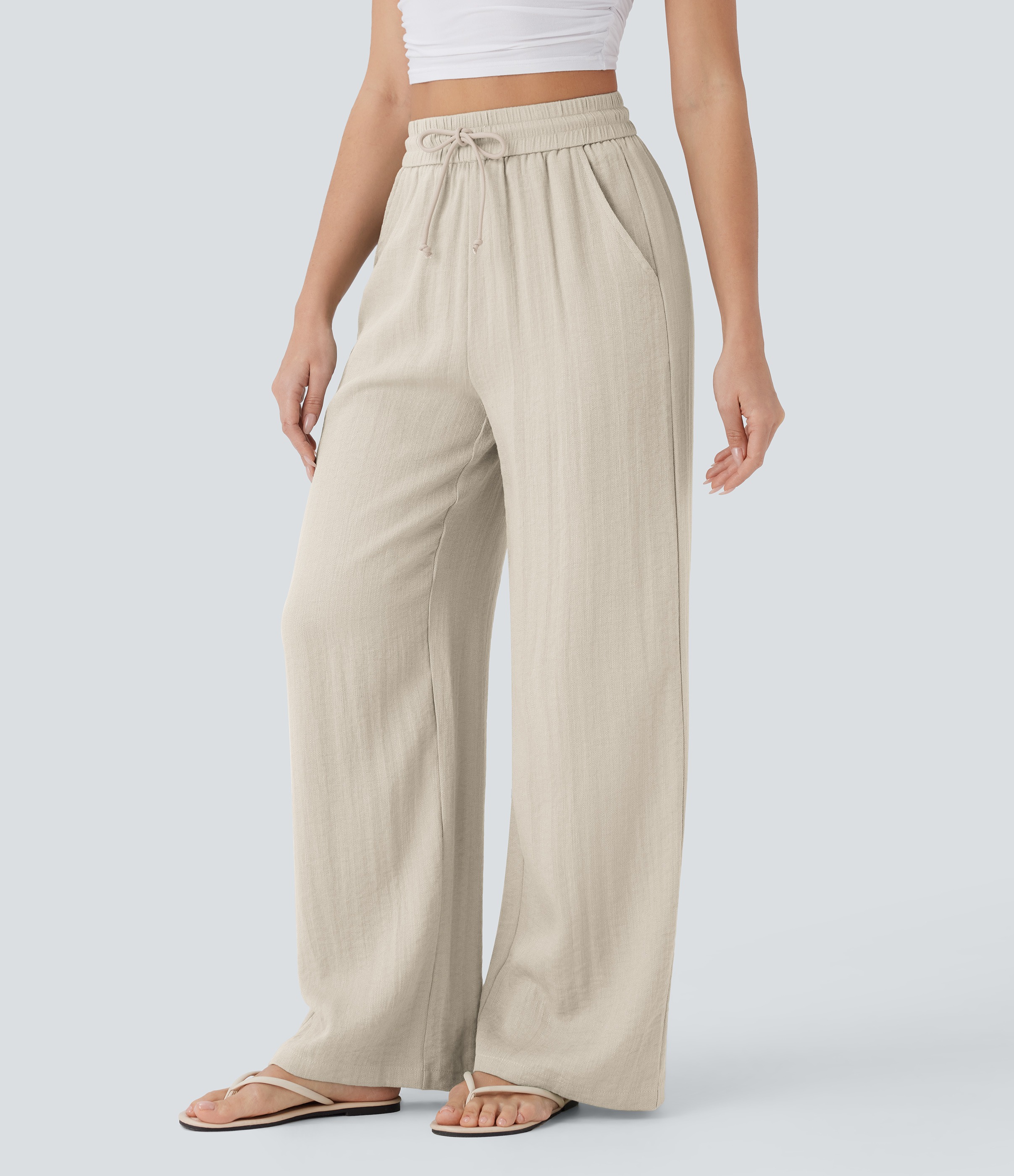 2026🔥 Hala High Waisted Drawstring Pocket Wide Leg Casual Linen-Feel Pants