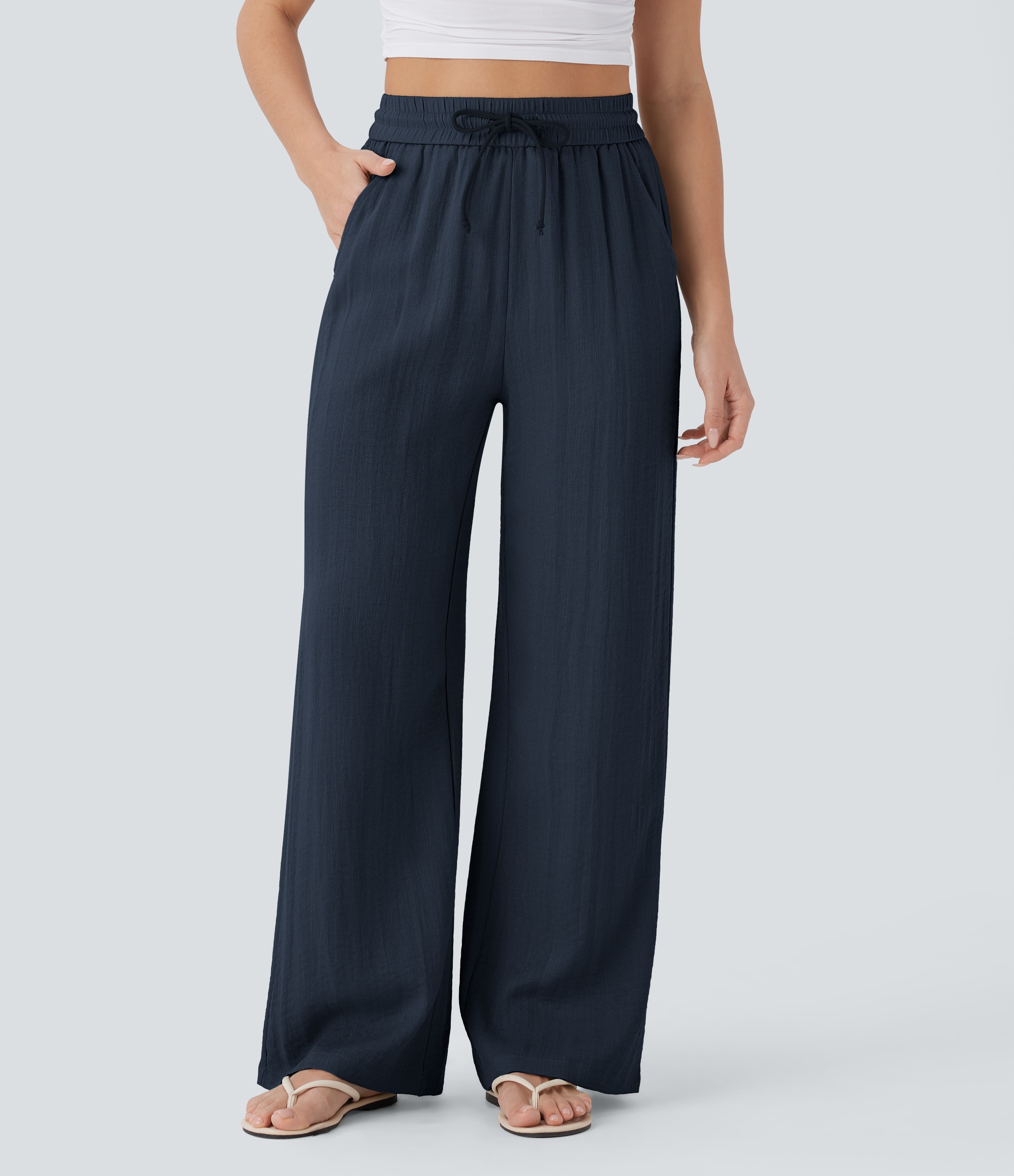 2026🔥 Hala High Waisted Drawstring Pocket Wide Leg Casual Linen-Feel Pants