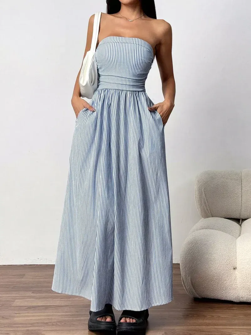 2026 Women's Striped Strapless Maxi Dress Summer Casual Tube Top Long Dresses with Pocket