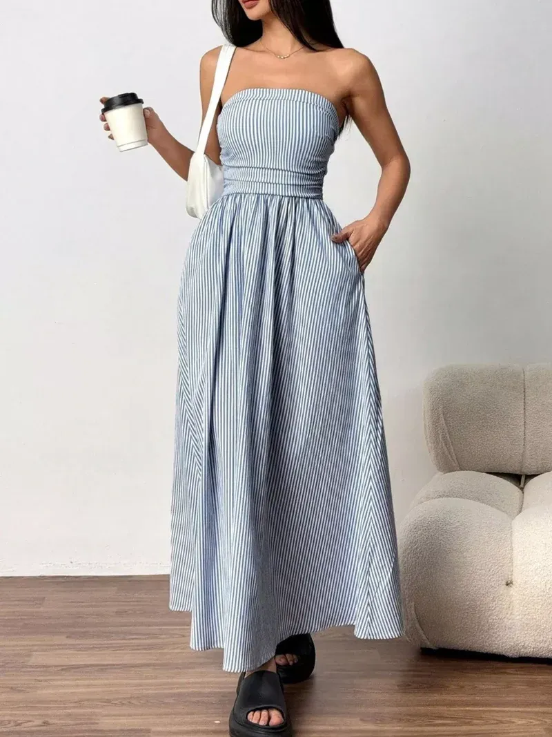 2026 Women's Striped Strapless Maxi Dress Summer Casual Tube Top Long Dresses with Pocket