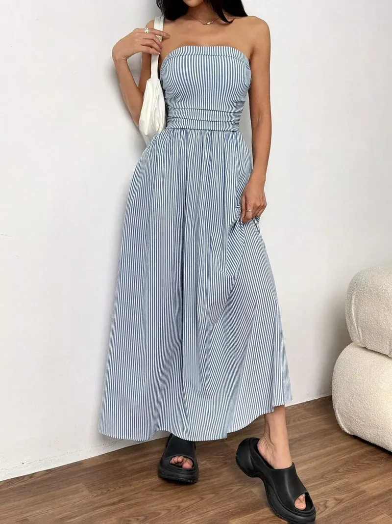 2026 Women's Striped Strapless Maxi Dress Summer Casual Tube Top Long Dresses with Pocket
