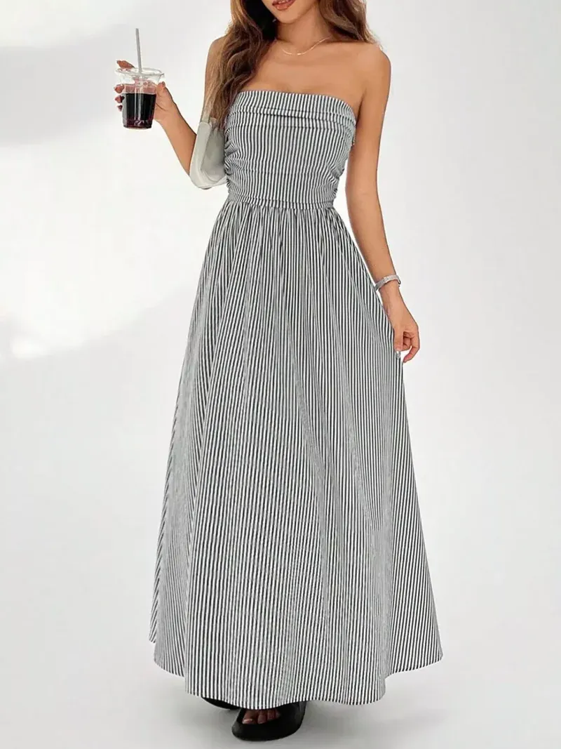 2026 Women's Striped Strapless Maxi Dress Summer Casual Tube Top Long Dresses with Pocket