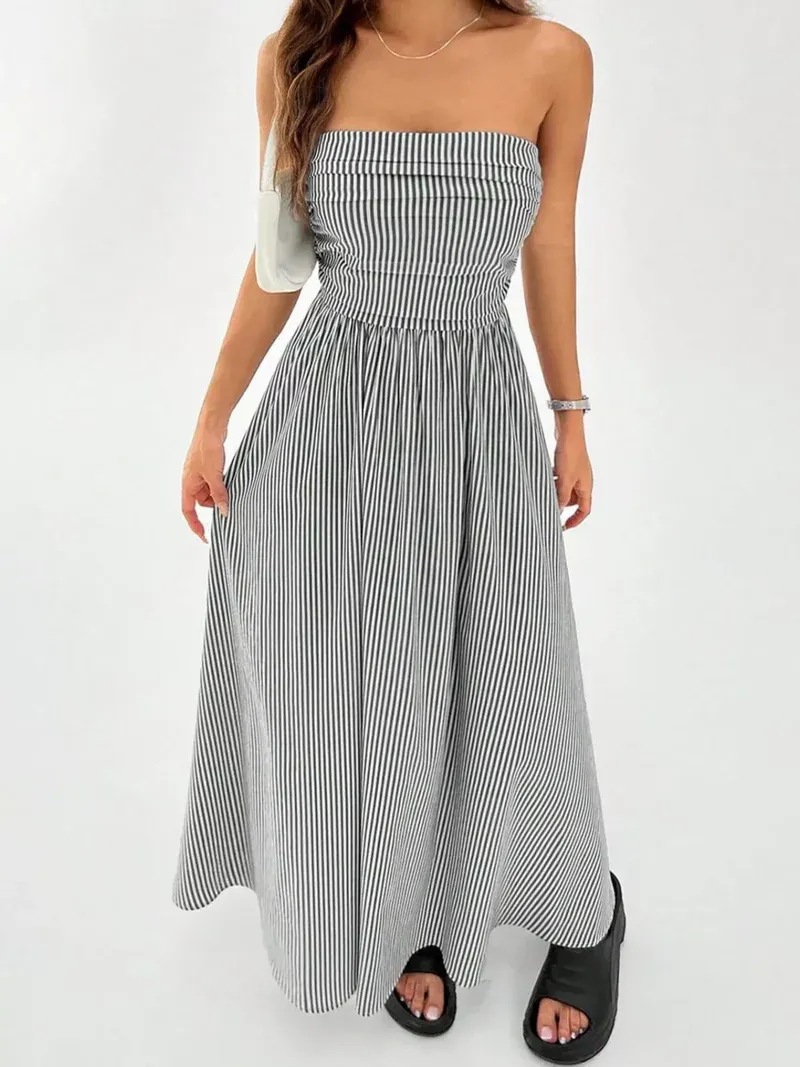 2026 Women's Striped Strapless Maxi Dress Summer Casual Tube Top Long Dresses with Pocket
