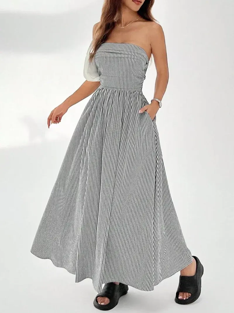 2026 Women's Striped Strapless Maxi Dress Summer Casual Tube Top Long Dresses with Pocket