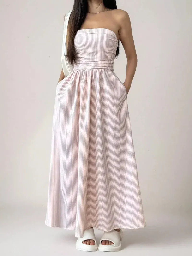 2026 Women's Striped Strapless Maxi Dress Summer Casual Tube Top Long Dresses with Pocket