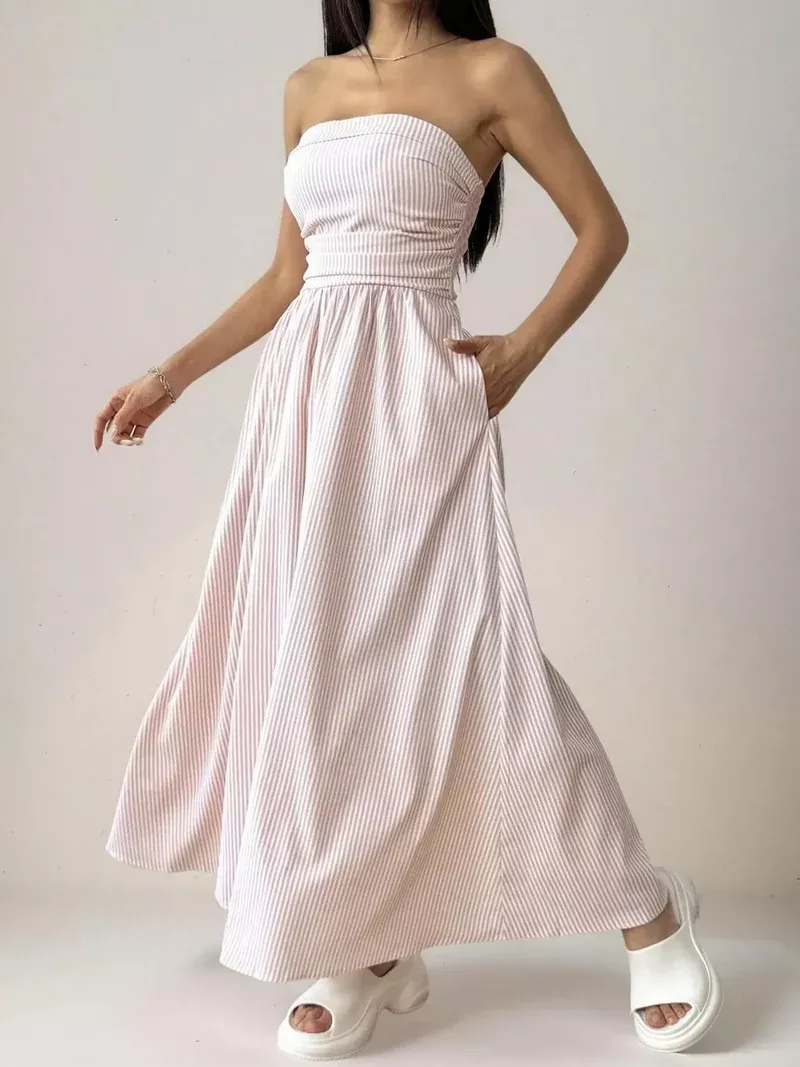 2026 Women's Striped Strapless Maxi Dress Summer Casual Tube Top Long Dresses with Pocket